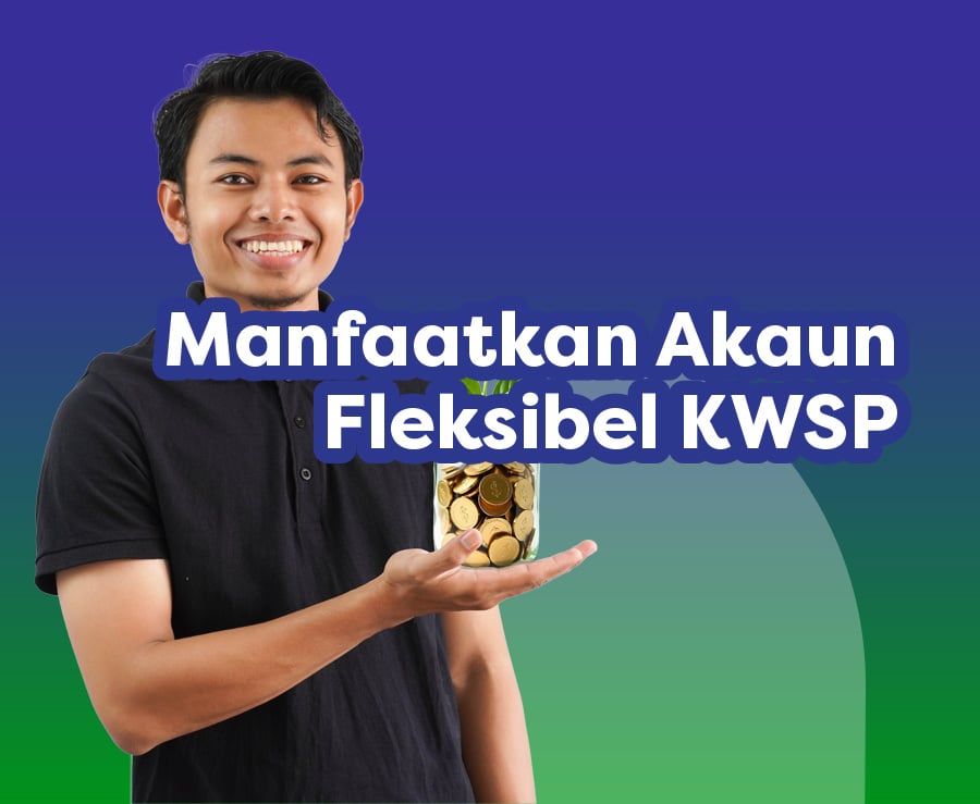 Individu tersenyum memegang balang syiling, dengan teks