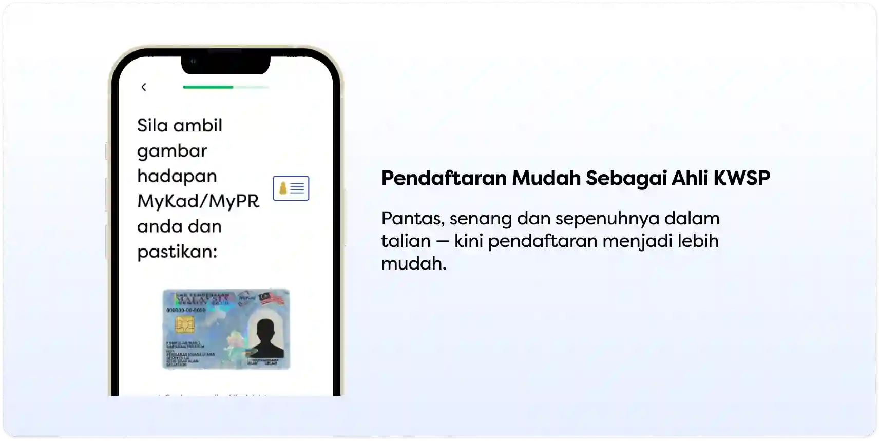 Telefon pintar menunjukkan arahan ambil gambar kad pengenalan untuk pendaftaran KWSP dalam talian melalui e-KYC.