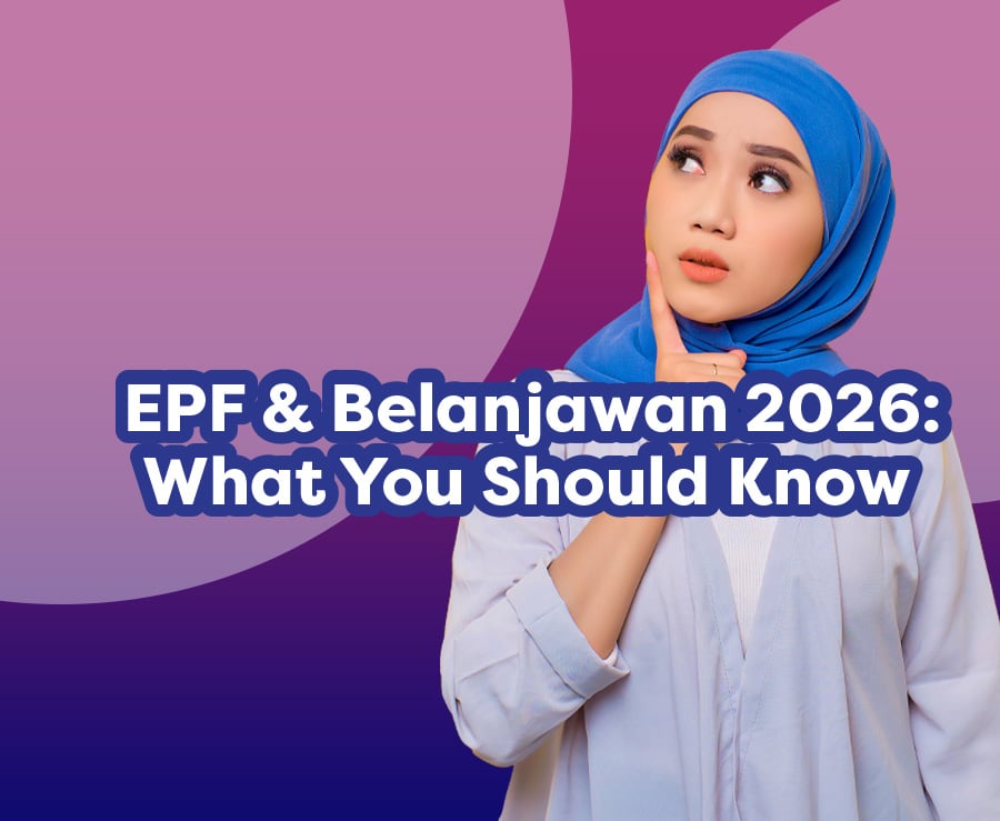 EPF & Belanjawan 2026Woman in blue hijab thinking, text “EPF & Belanjawan 2026: What You Should Know” on purple gradient background.