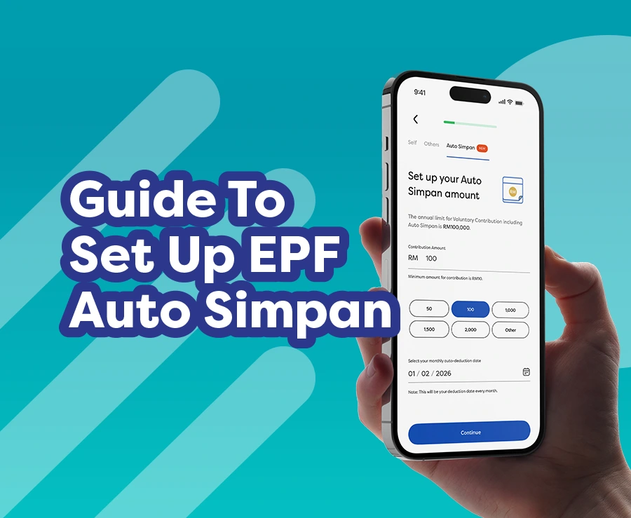 Hand holding smartphone showing EPF Auto Simpan setup screen, text “Guide To Set Up EPF Auto Simpan” on teal background.