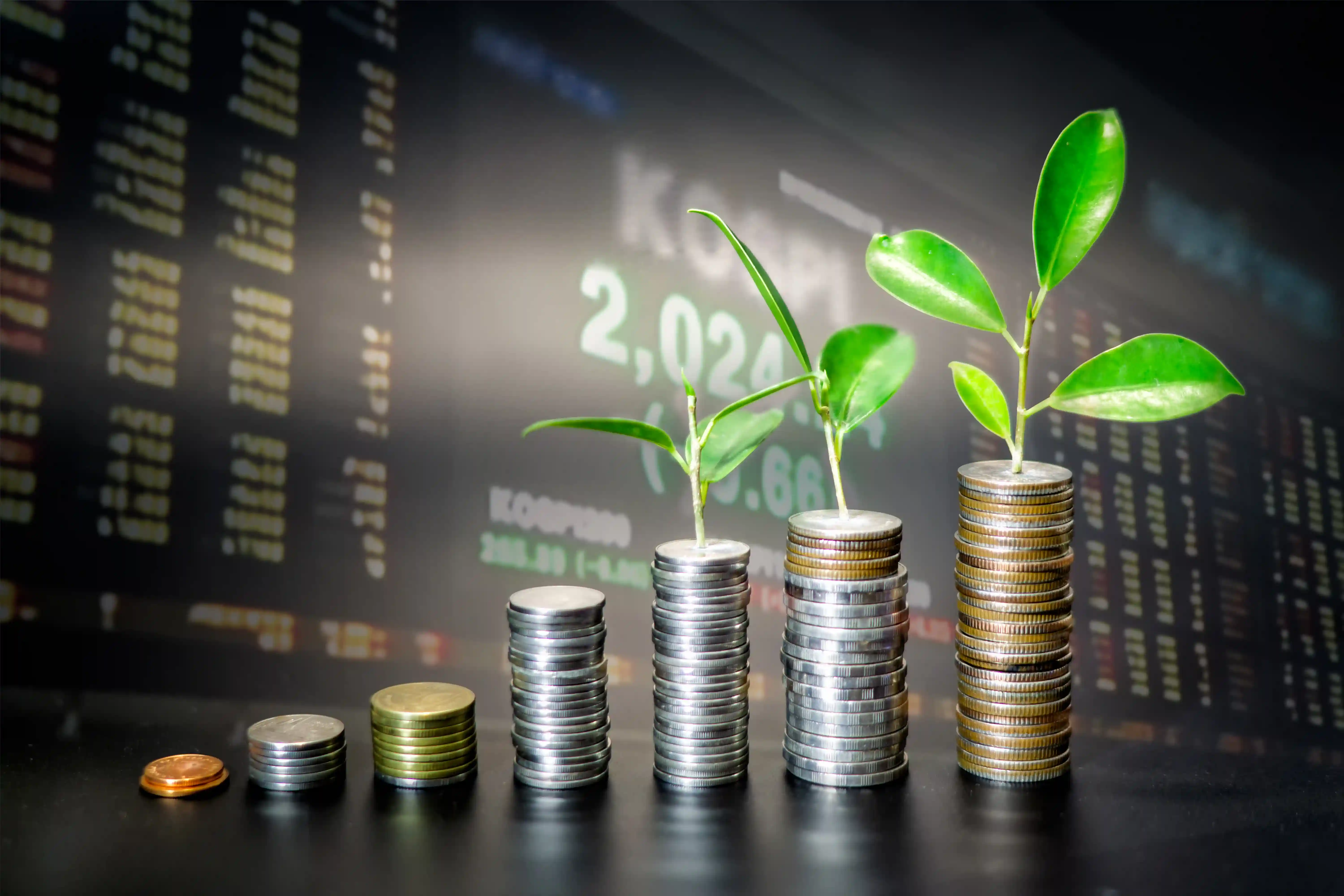 Stacks of coins with green leaves symbolizing EPF members' long-term financial growth and retirement fund accumulation.