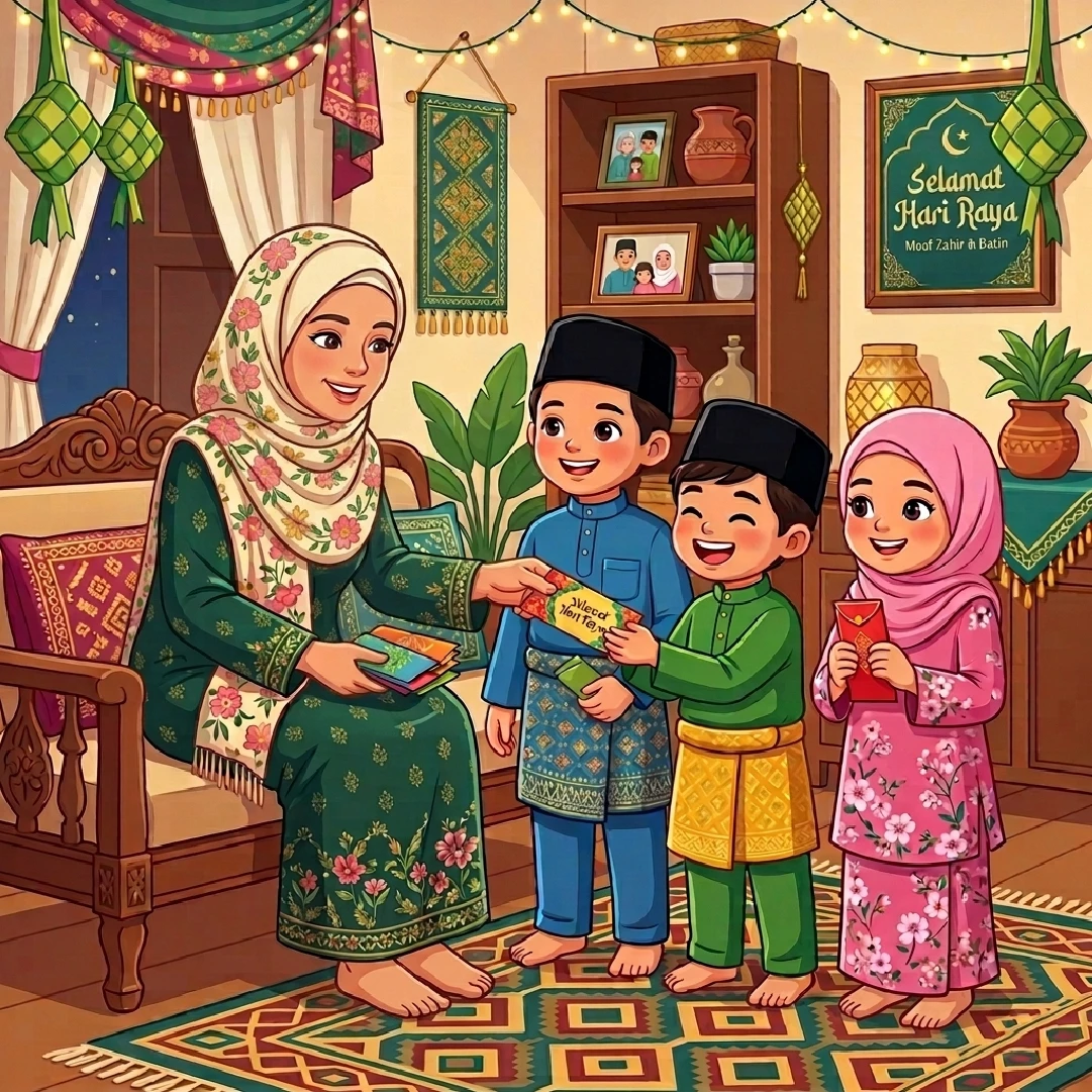 Woman in floral dress giving envelopes to three children in traditional attire, warm Hari Raya celebration scene