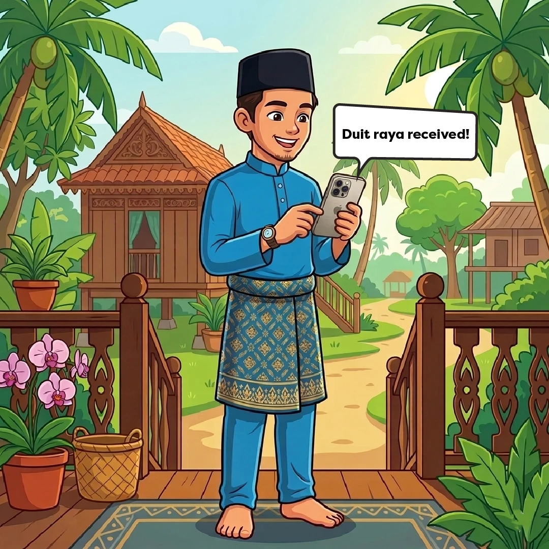 Smiling person in Malay attire checking phone, speech bubble “Duit raya received!”, tropical village scene