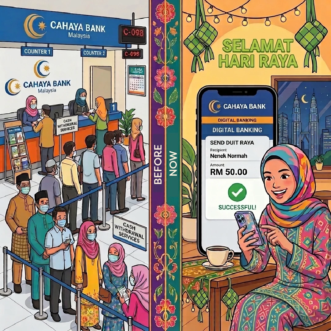 Split image: left bank queue, right woman using digital banking on phone, text “Selamat Hari Raya”