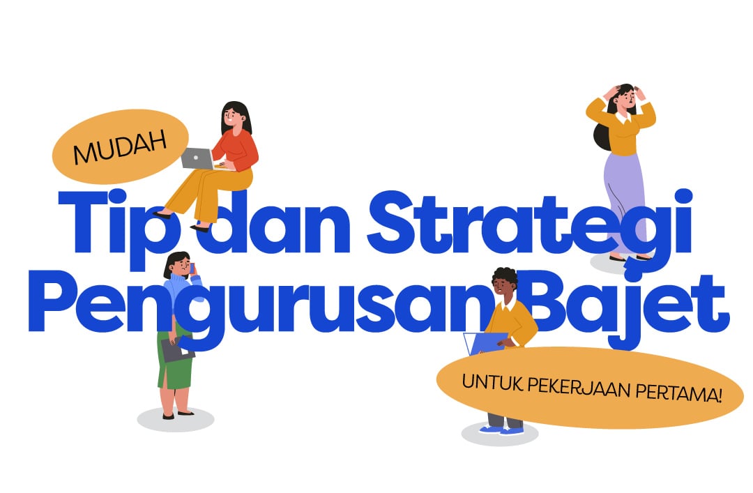 Ilustrasi “Tip Bajet Mudah untuk Kerja Pertama!” dengan pelbagai individu guna laptop, nada mesra dan membantu.