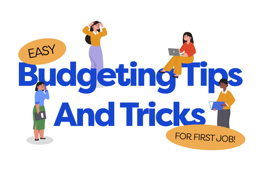 Colorful illustration “Easy Budgeting Tips and Tricks for First Job!” diverse people with laptops, friendly helpful tone.