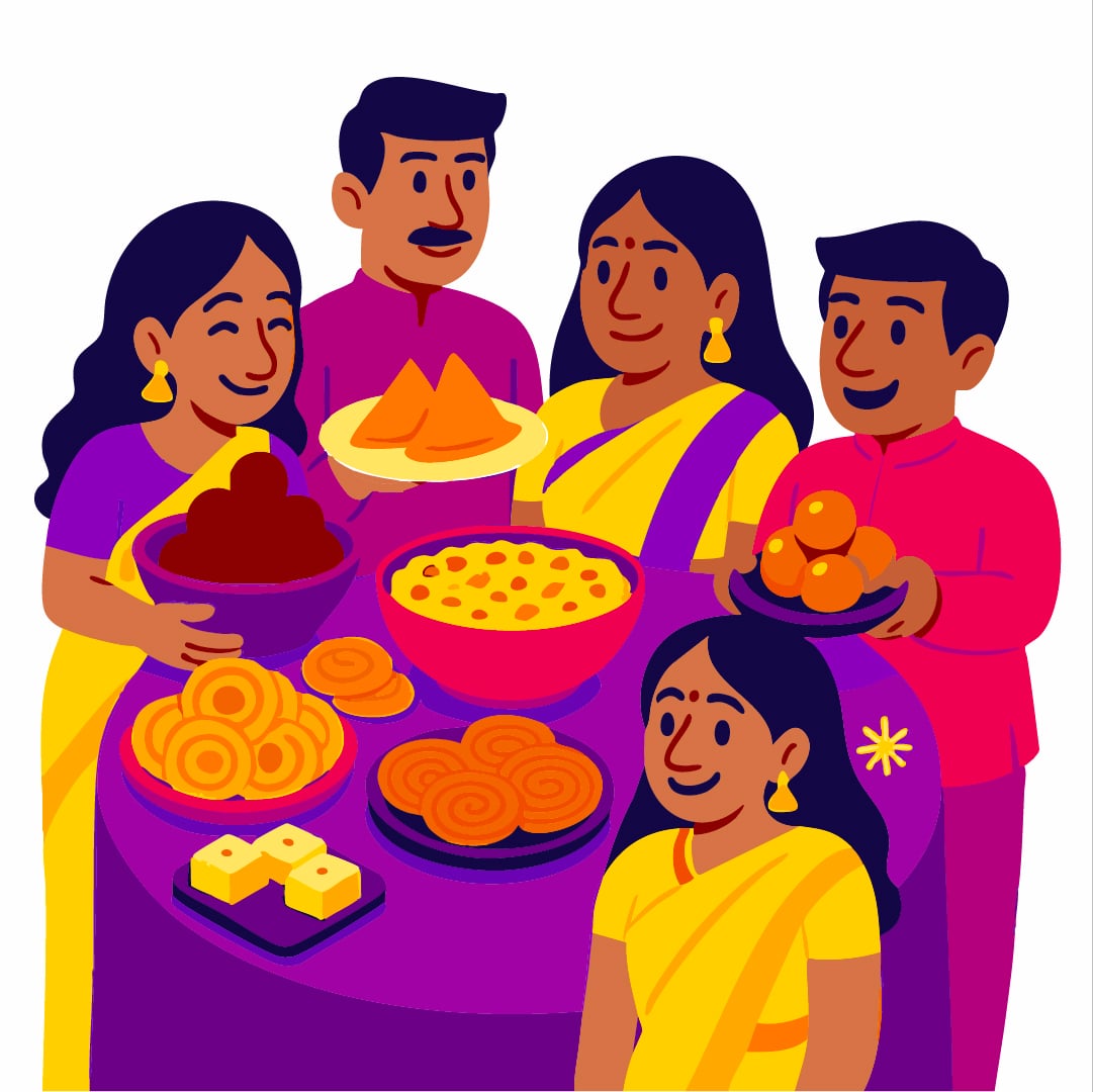 Keluarga ceria pakaian tradisional berkumpul makan manisan India di meja, suasana perayaan.