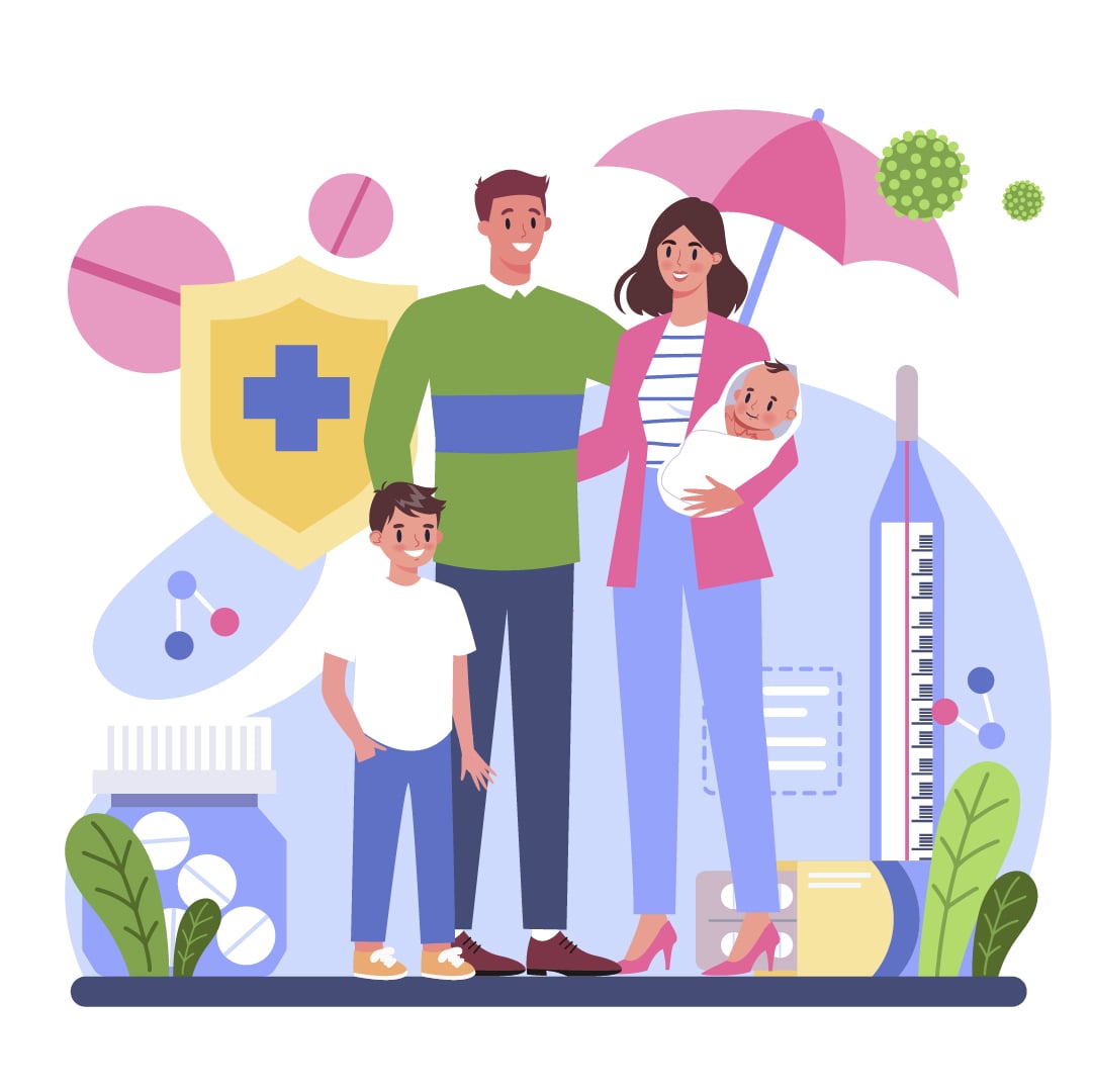 Smiling family with baby surrounded by health icons (shield, pills, thermometer, plants), wellness and protection theme.