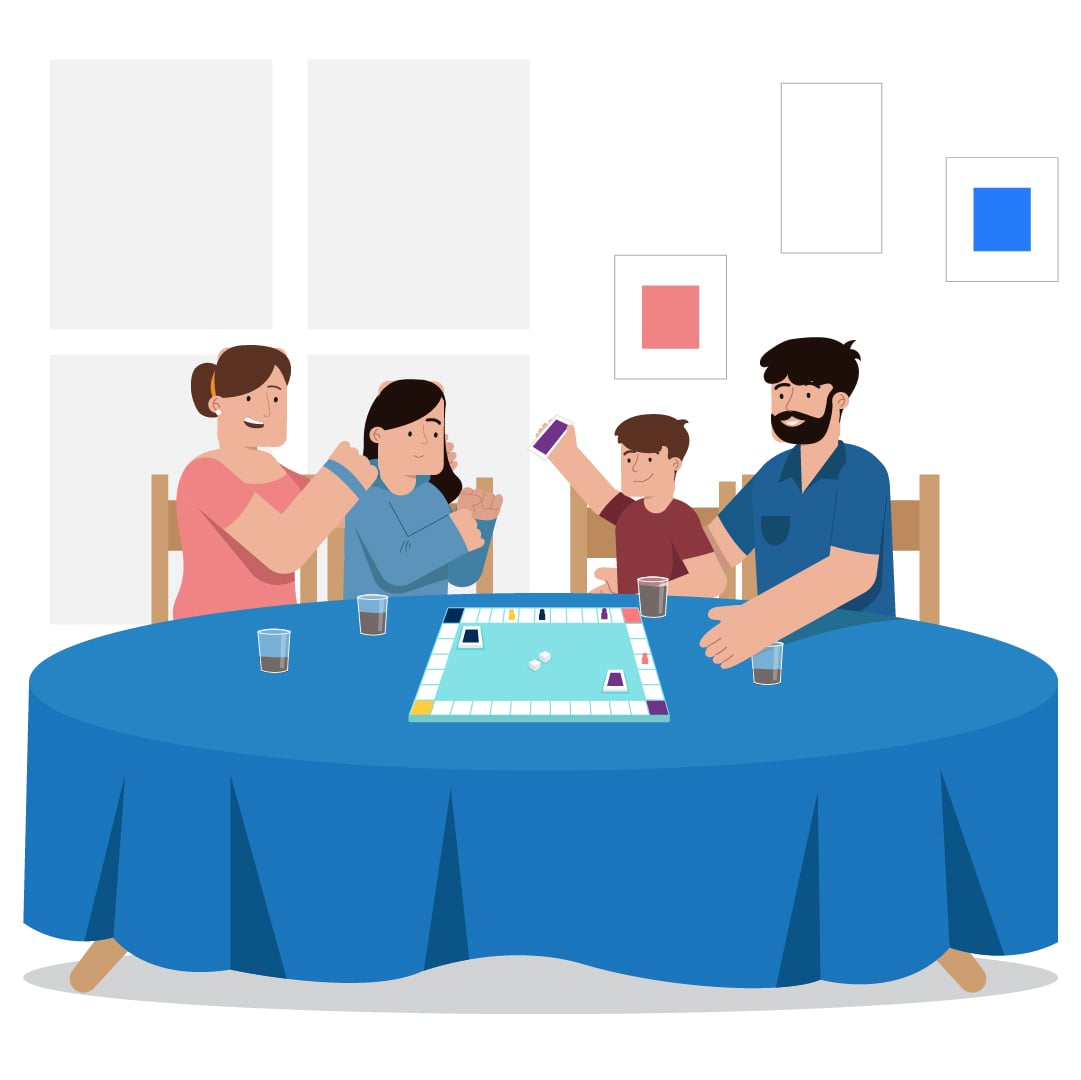 Family of four playing board game at round table with blue tablecloth, smiling with drinks, cozy joyful atmosphere.