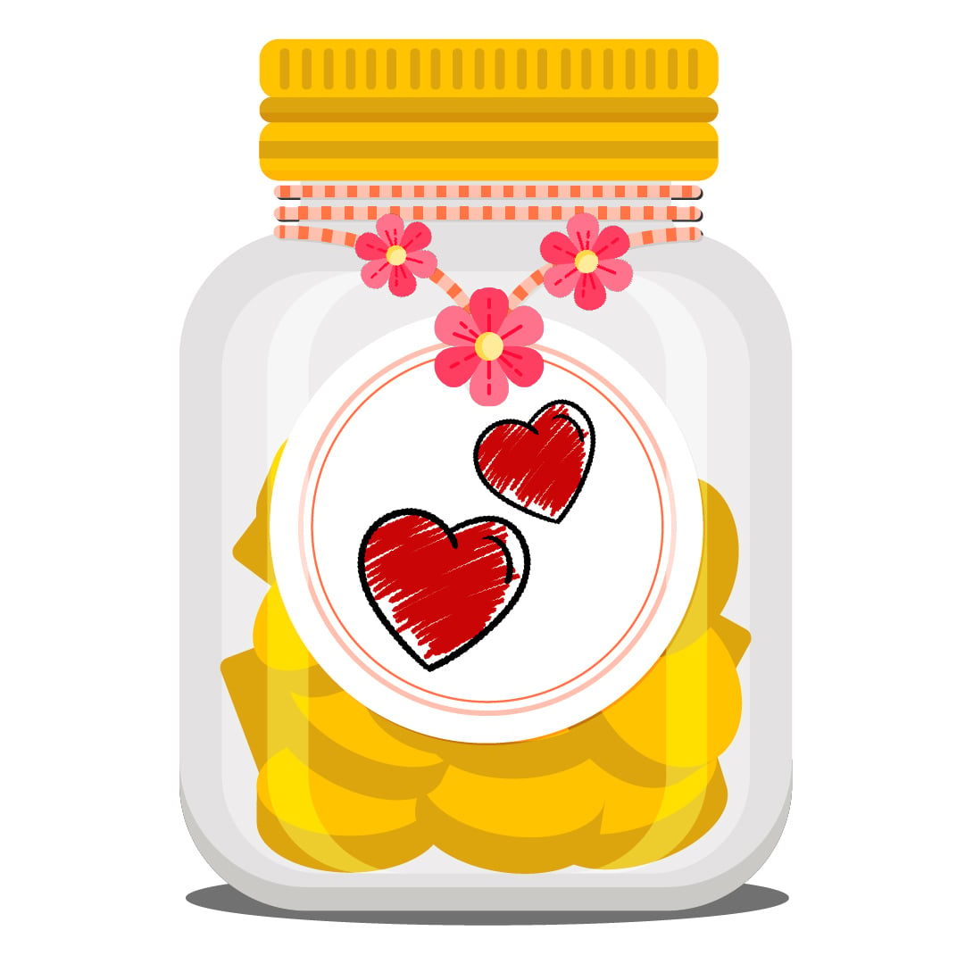 Jar with yellow lid filled with coins, label with red hearts and pink flowers, love-themed illustration.