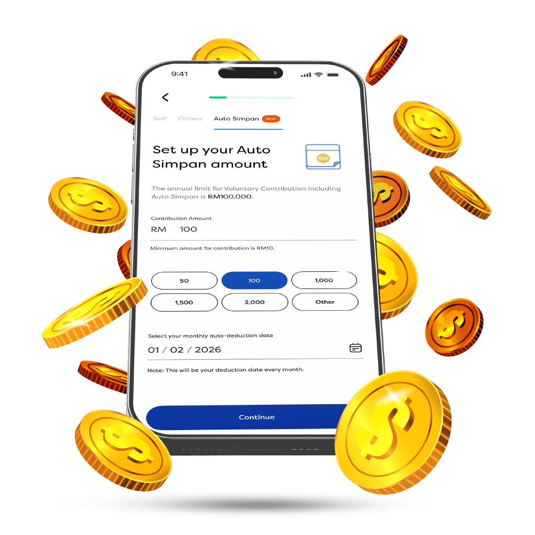 Mobile screen “Set up Auto Simpan amount” with coins, options, and Continue button.