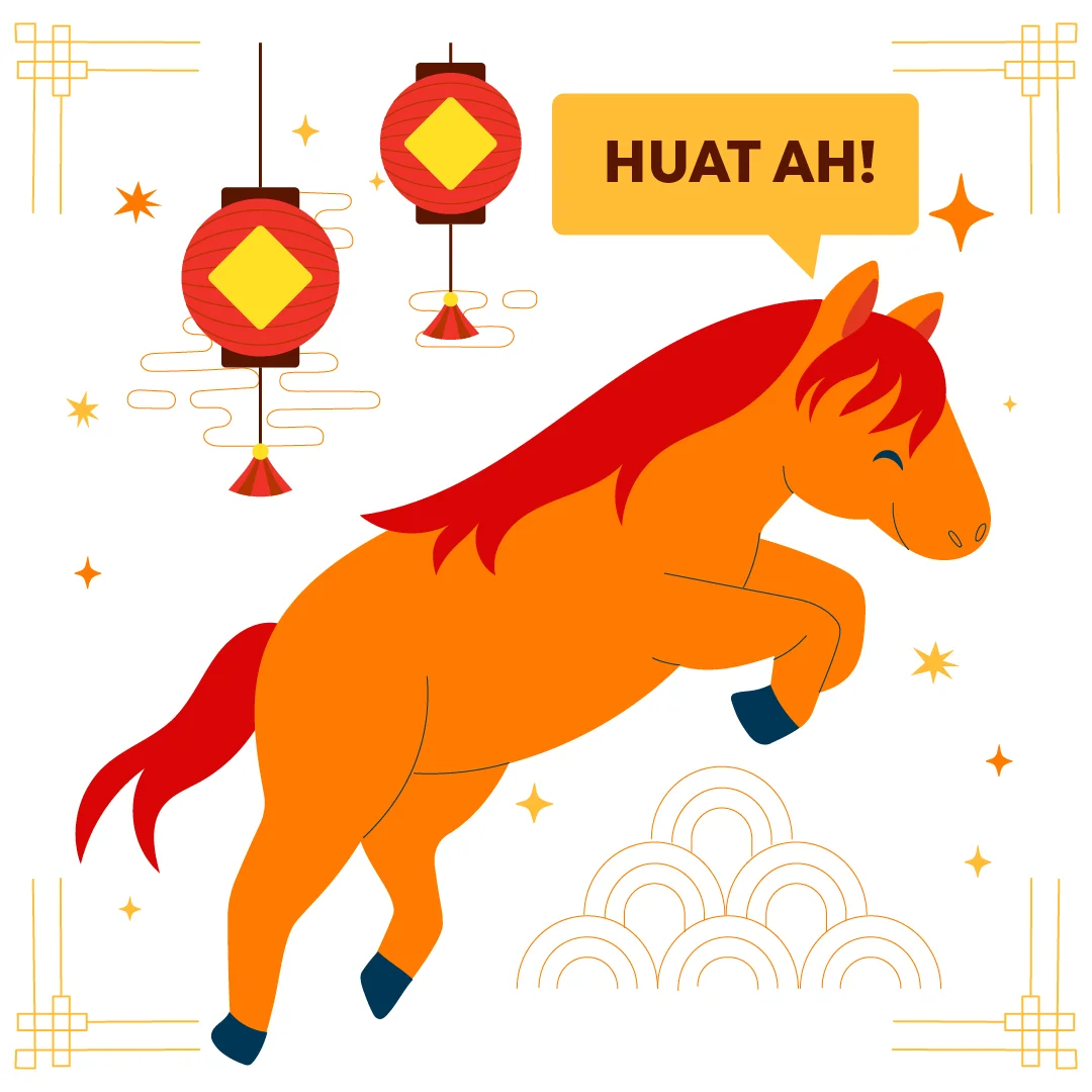 Orange horse with red mane saying “Huat Ah!”, festive lanterns and golden stars in cheerful CNY setting.