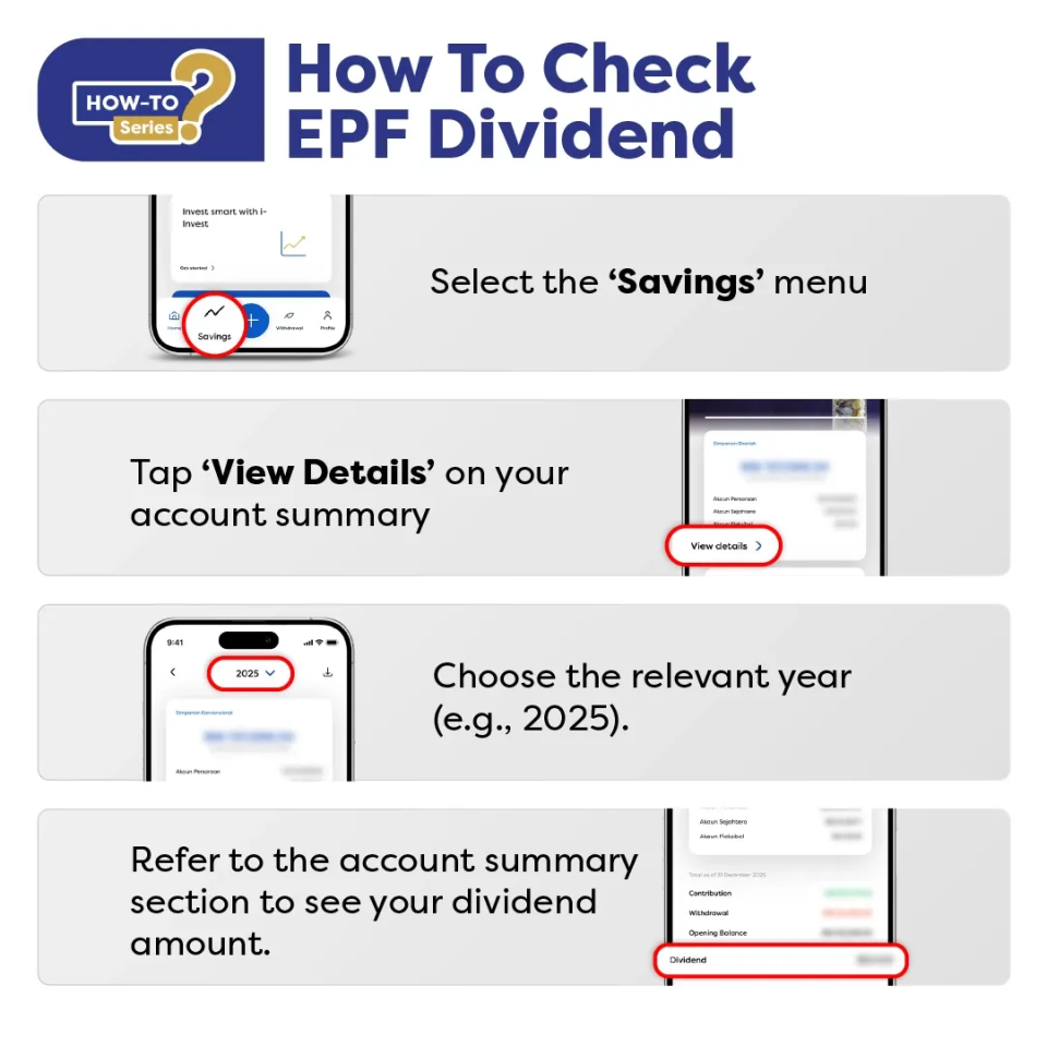 EPF dividend guide: select Savings, tap View Details, choose year (e.g. 2025), then check account summary.
