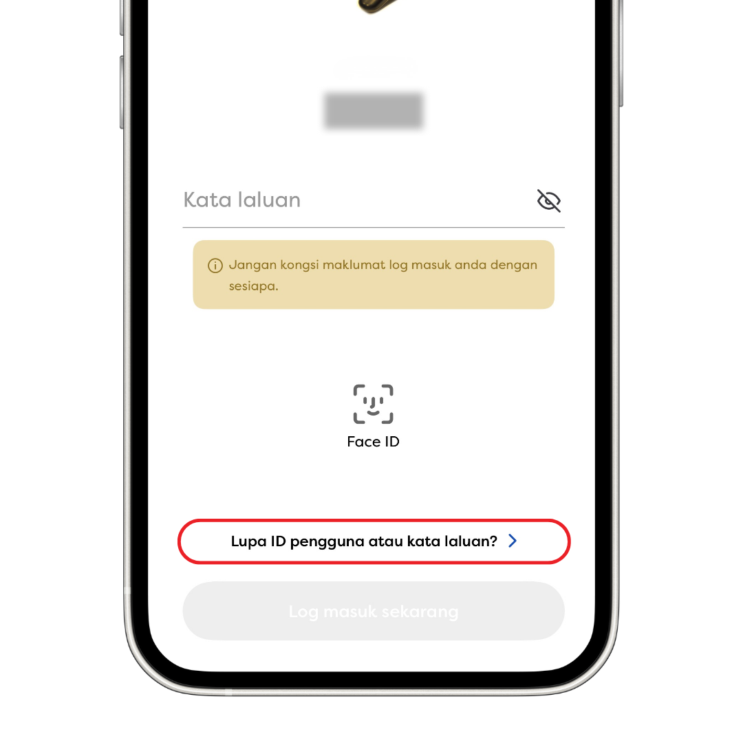 Skrin login mudah alih dengan nama pengguna kabur, ruang kata laluan, Face ID, mesej amaran, dan pautan lupa kata laluan.