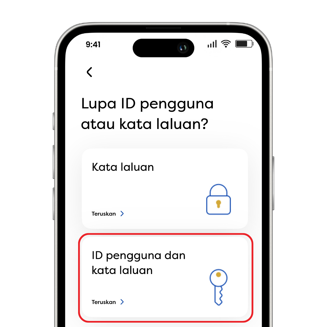 Skrin telefon tunjuk pilihan pemulihan ID/kata laluan dengan ikon kunci dan anak kunci, nada selamat dan membantu.