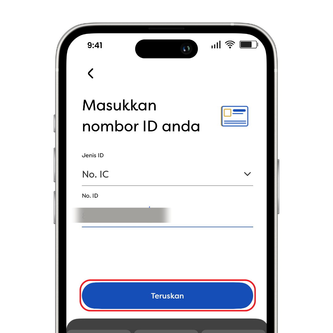 Skrin telefon dekat dengan borang jenis ID dan nombor, butang “Continue” berwarna biru.