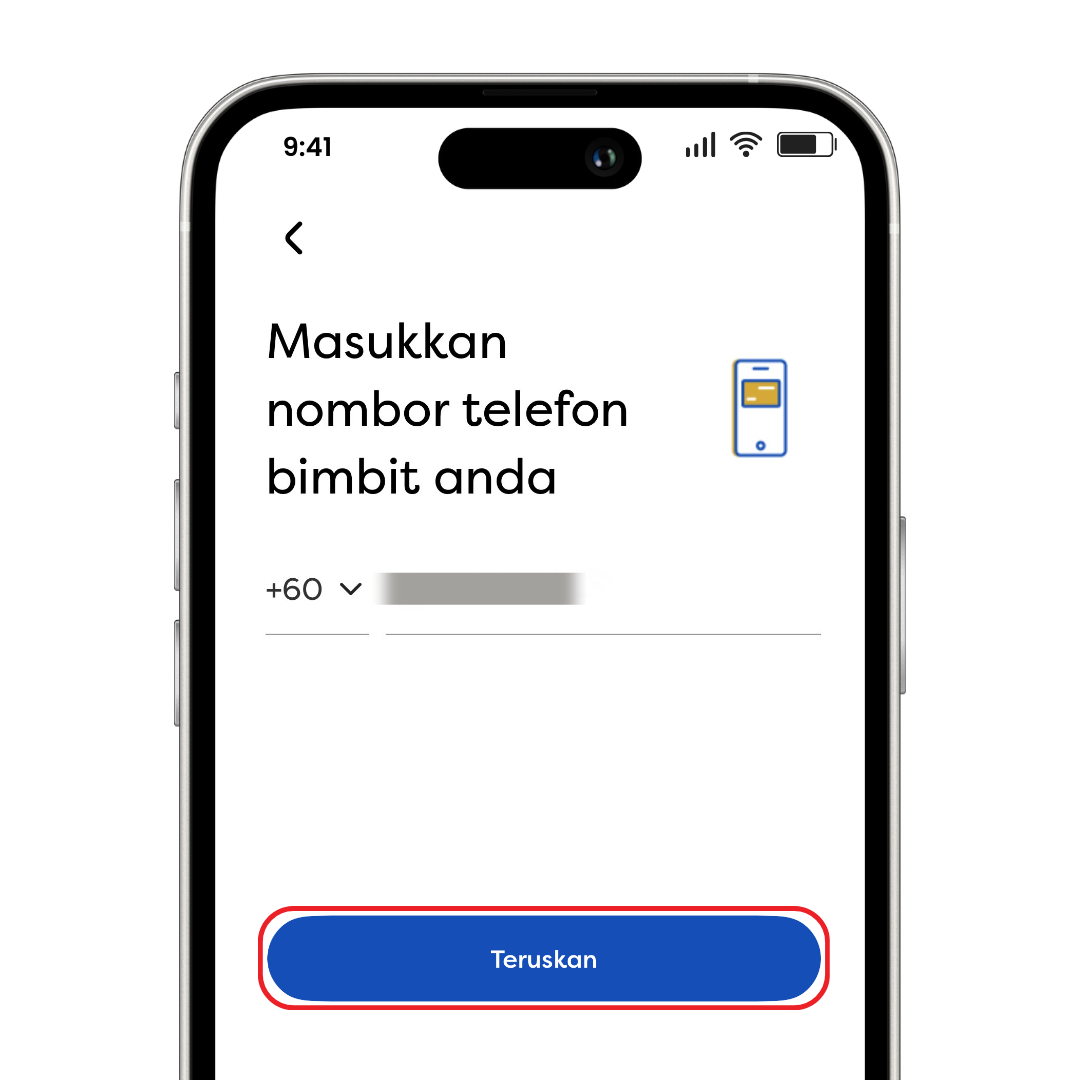 Skrin mudah alih dengan input nombor telefon dan teks “Masukkan nombor telefon anda” dan butang Continue.