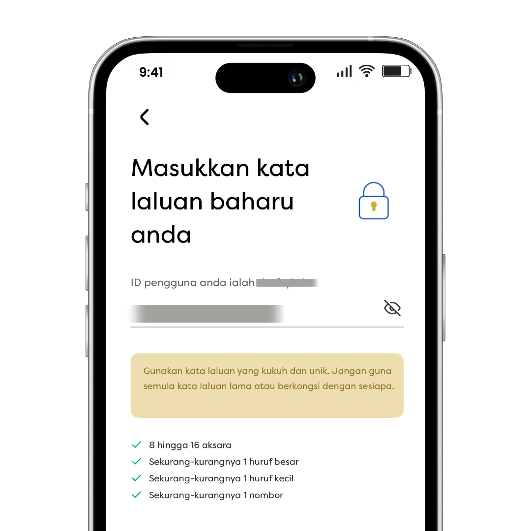 Skrin tetapan kata laluan dengan syarat: 8–16 aksara, huruf besar, kecil, dan nombor.