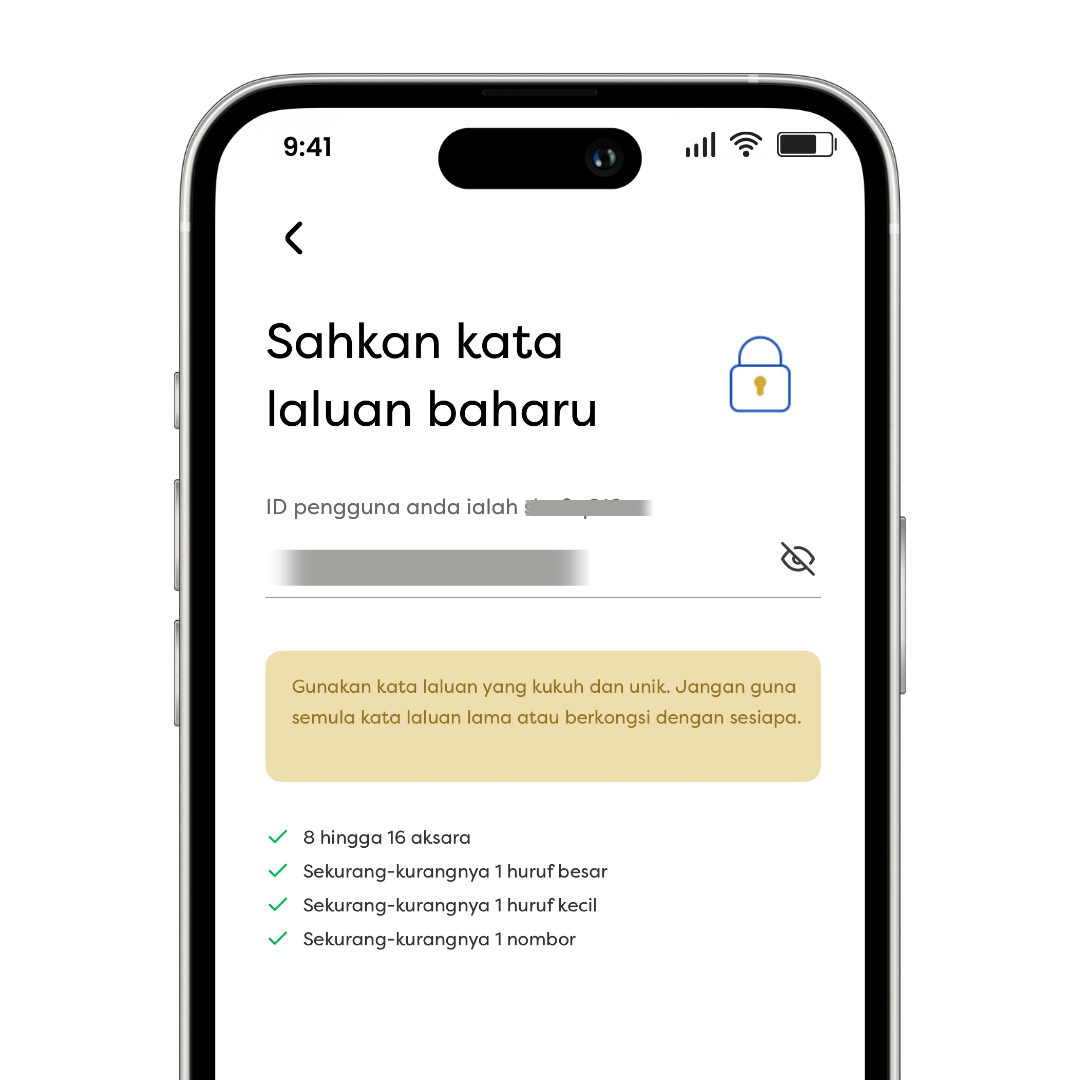 Skrin cipta kata laluan selamat dengan peraturan 8–16 aksara, huruf besar, kecil, dan nombor.