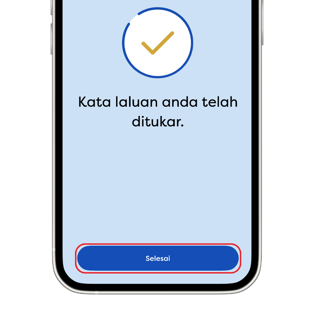 Skrin reset kata laluan berjaya dengan tanda semak kuning dan butang “Done” biru.