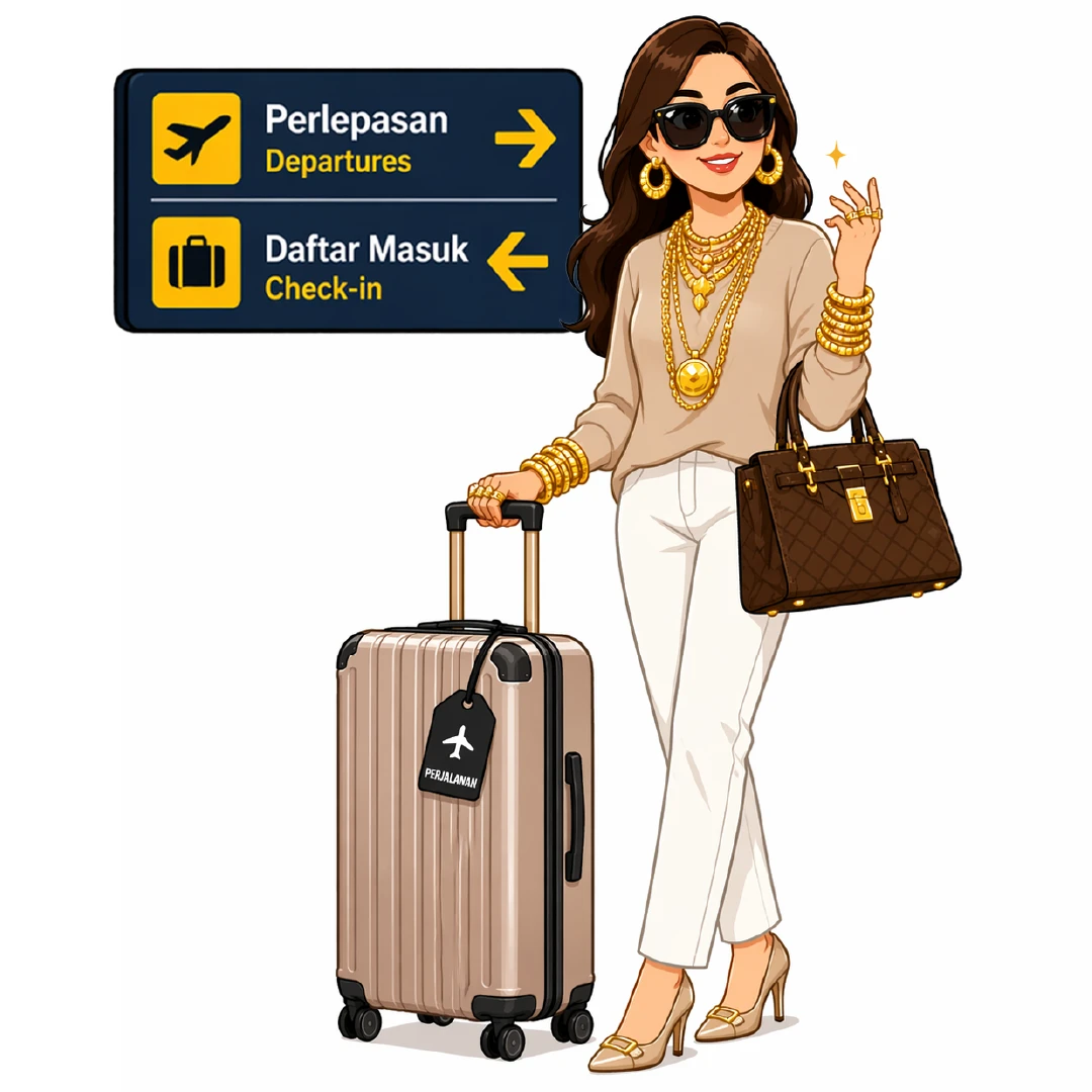 Stylish woman with sunglasses and gold suitcase near departures and check-in signs, confident elegant travel scene.