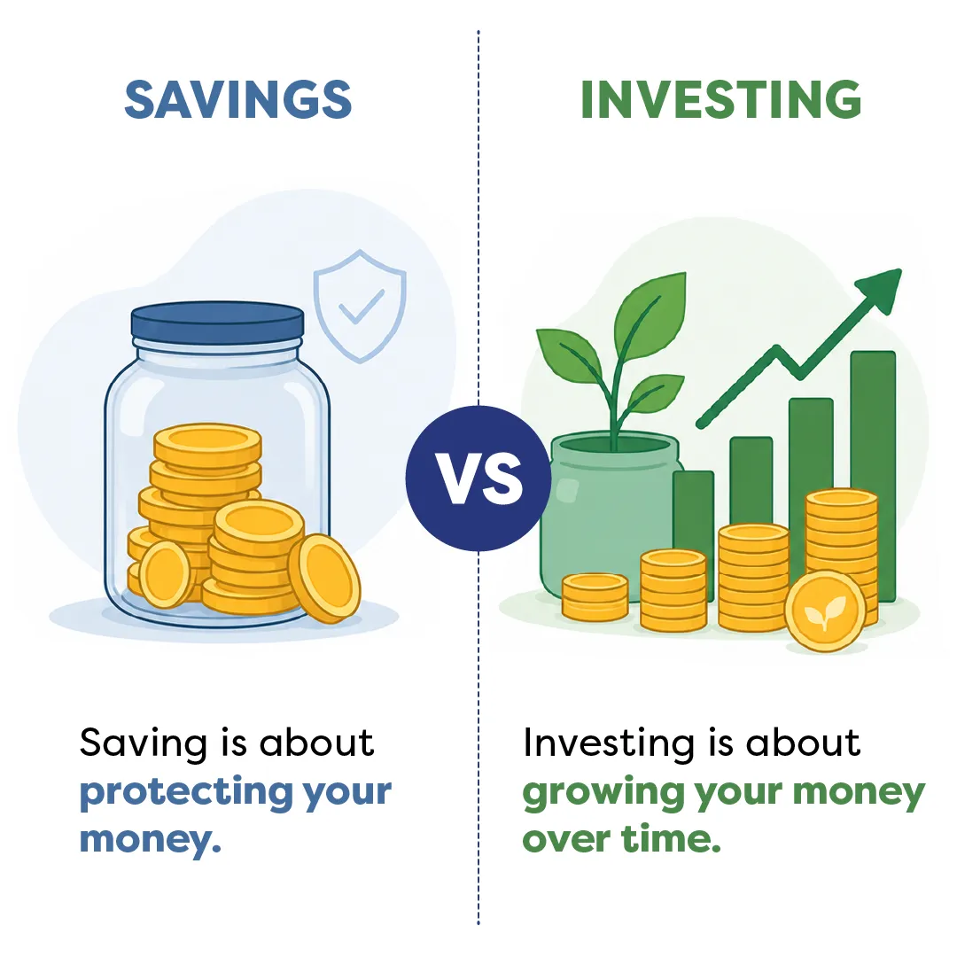 Savings vs investing: jar of coins vs growing plant with chart showing growth.