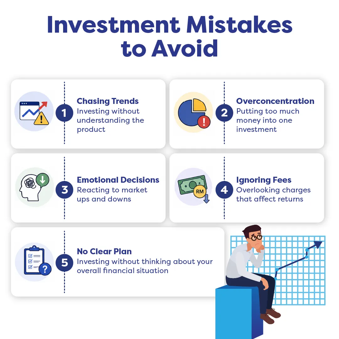 “Investment Mistakes”: chasing trends, overconcentration, emotions, fees, no plan; thoughtful investor illustration.