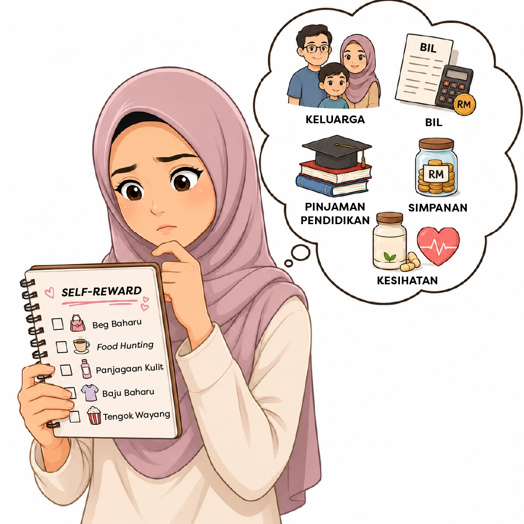Wanita memegang senarai ganjaran diri memikirkan keluarga, bil, simpanan dan kesihatan, melambangkan keseimbangan kewangan KWSP.