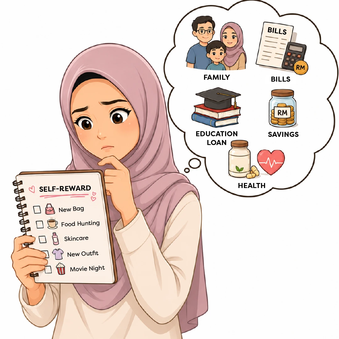 Woman holding a self-reward checklist thinking of family, bills, savings, and health, symbolizing EPF's spending-saving balance.