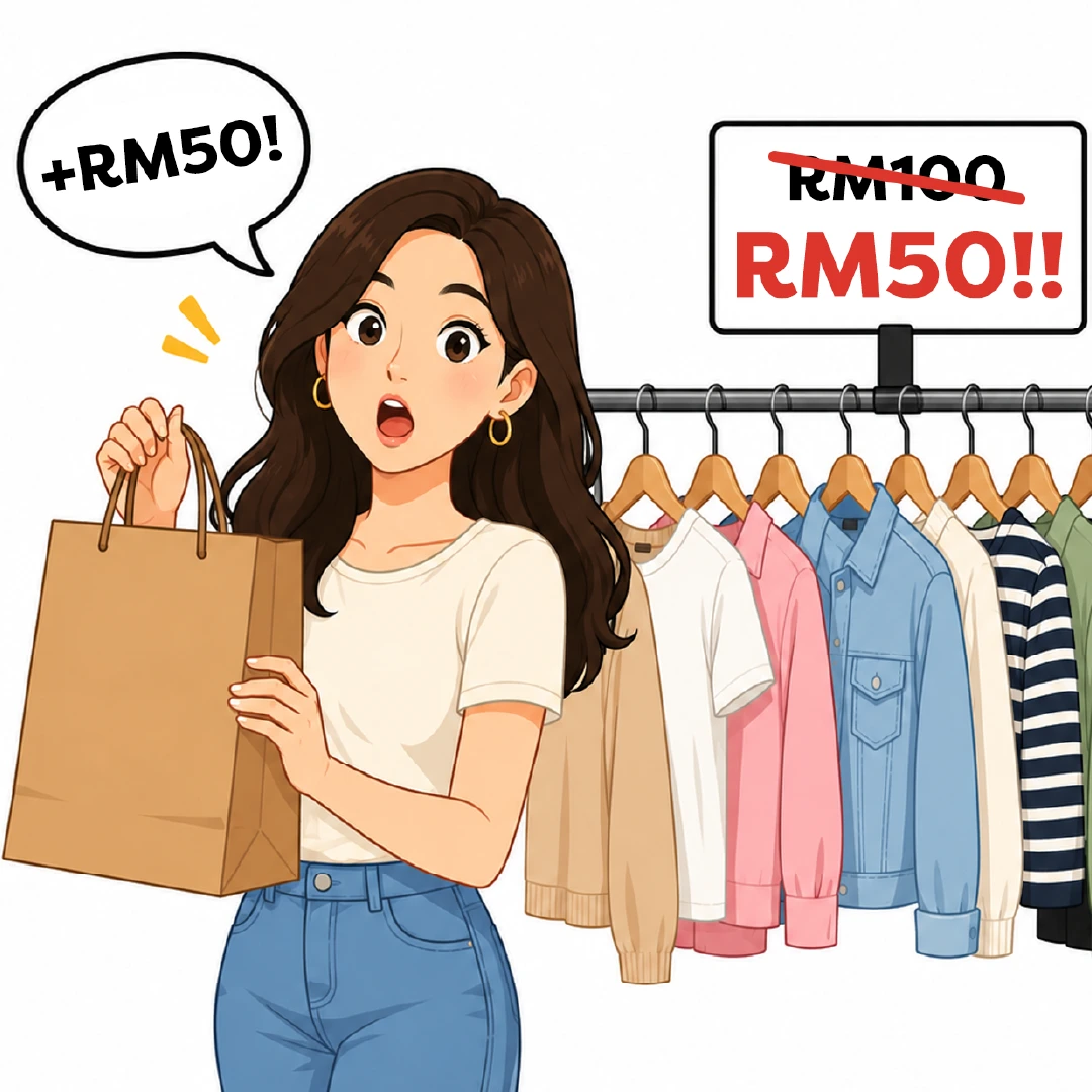 Surprised woman with shopping bag beside a discounted price tag, illustrating impulse spending and EPF smart financial planning.