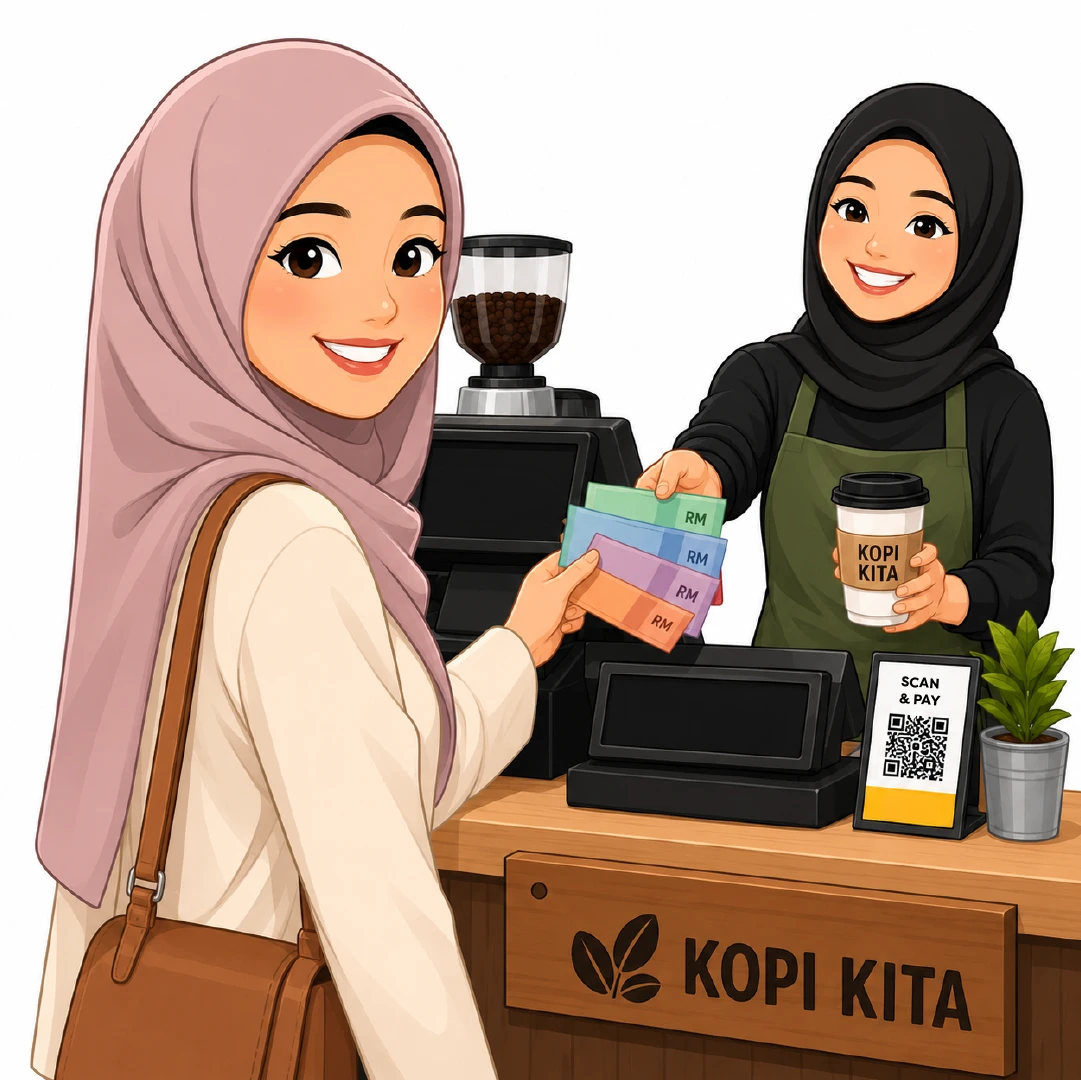 Woman paying at Kopi Kita cafe counter with scan and pay QR code, illustrating EPF financial planning and daily spending habits.