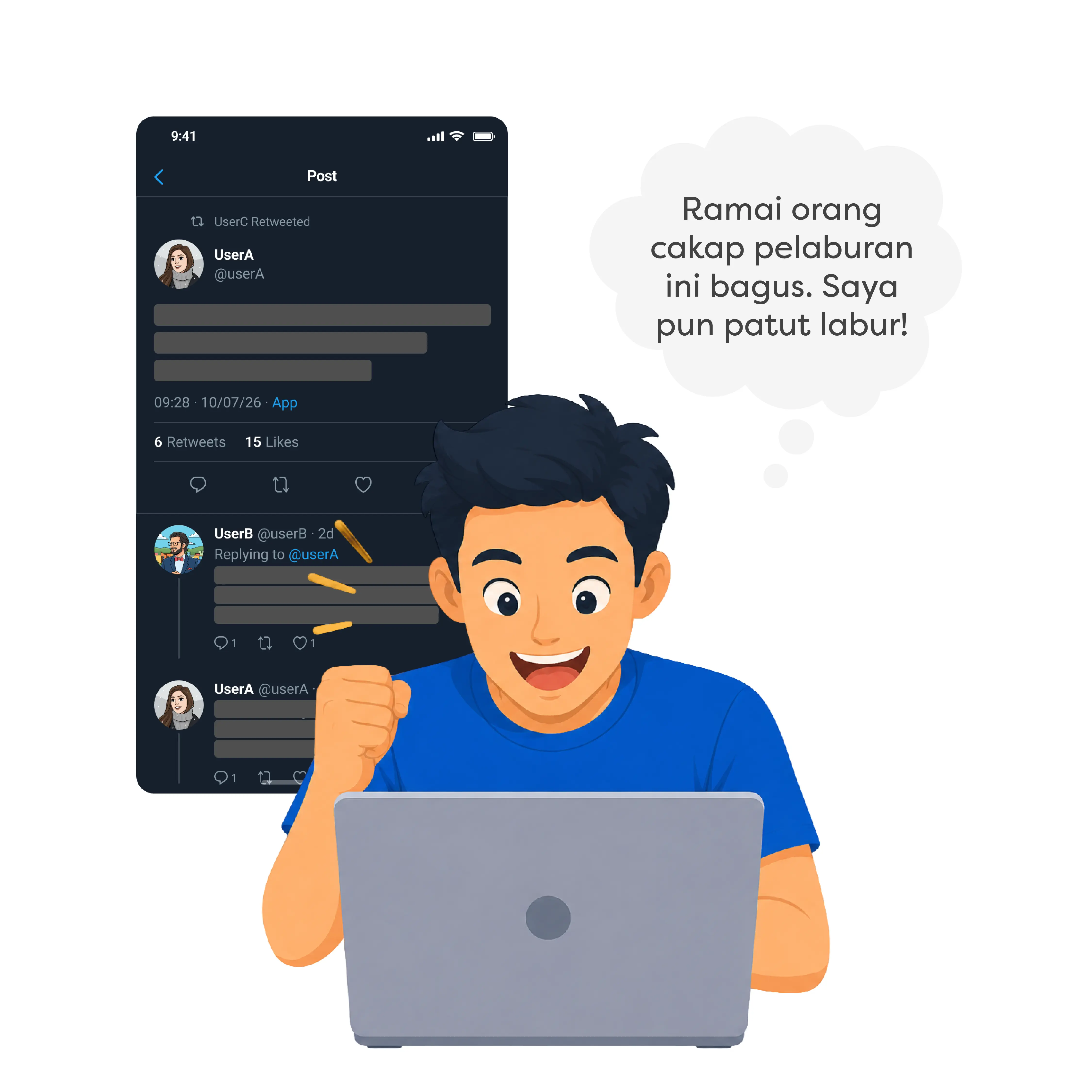 Lelaki teruja bertindak balas terhadap siaran pelaburan media sosial di laptopnya