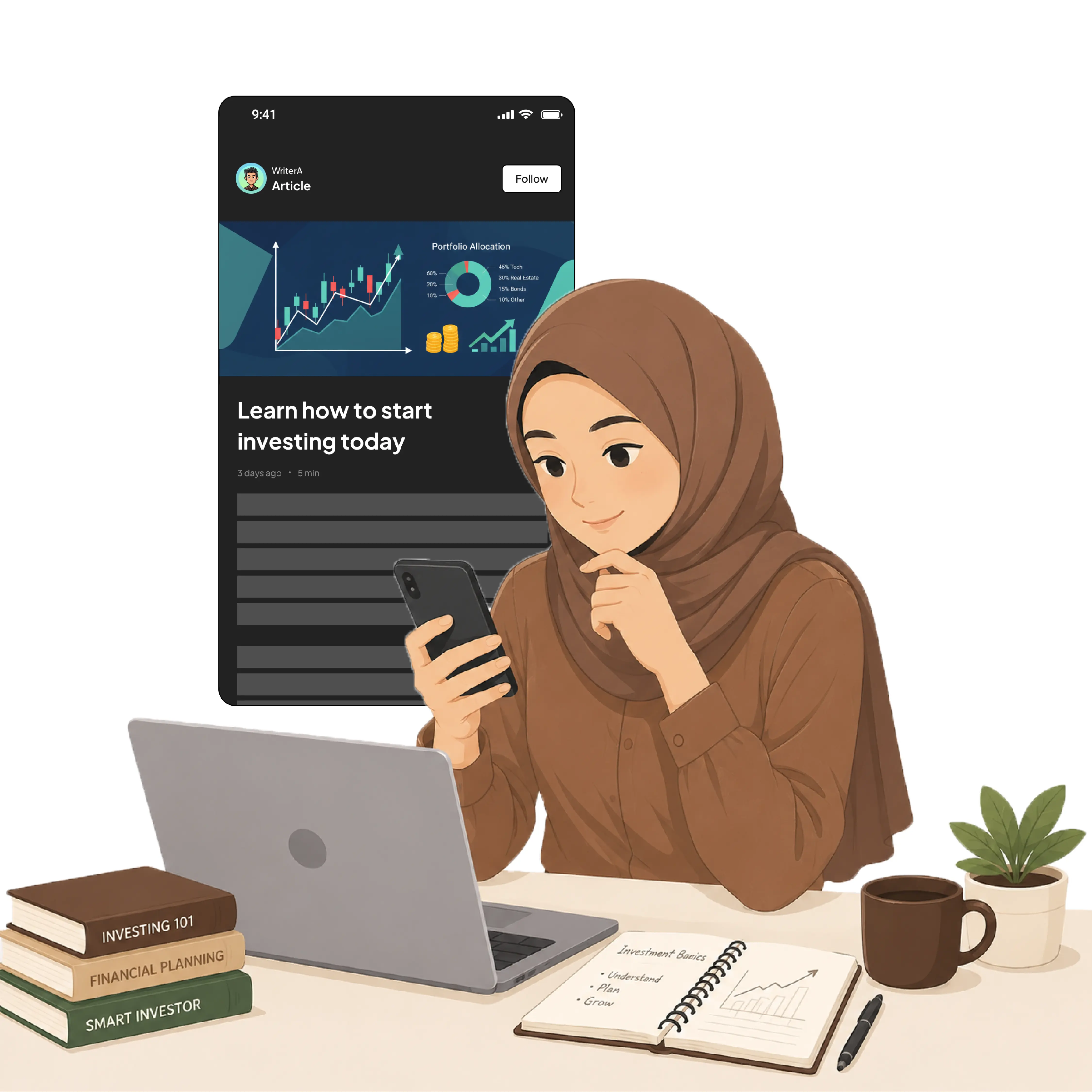 A woman in hijab reading an investment article on her phone at a desk image widget