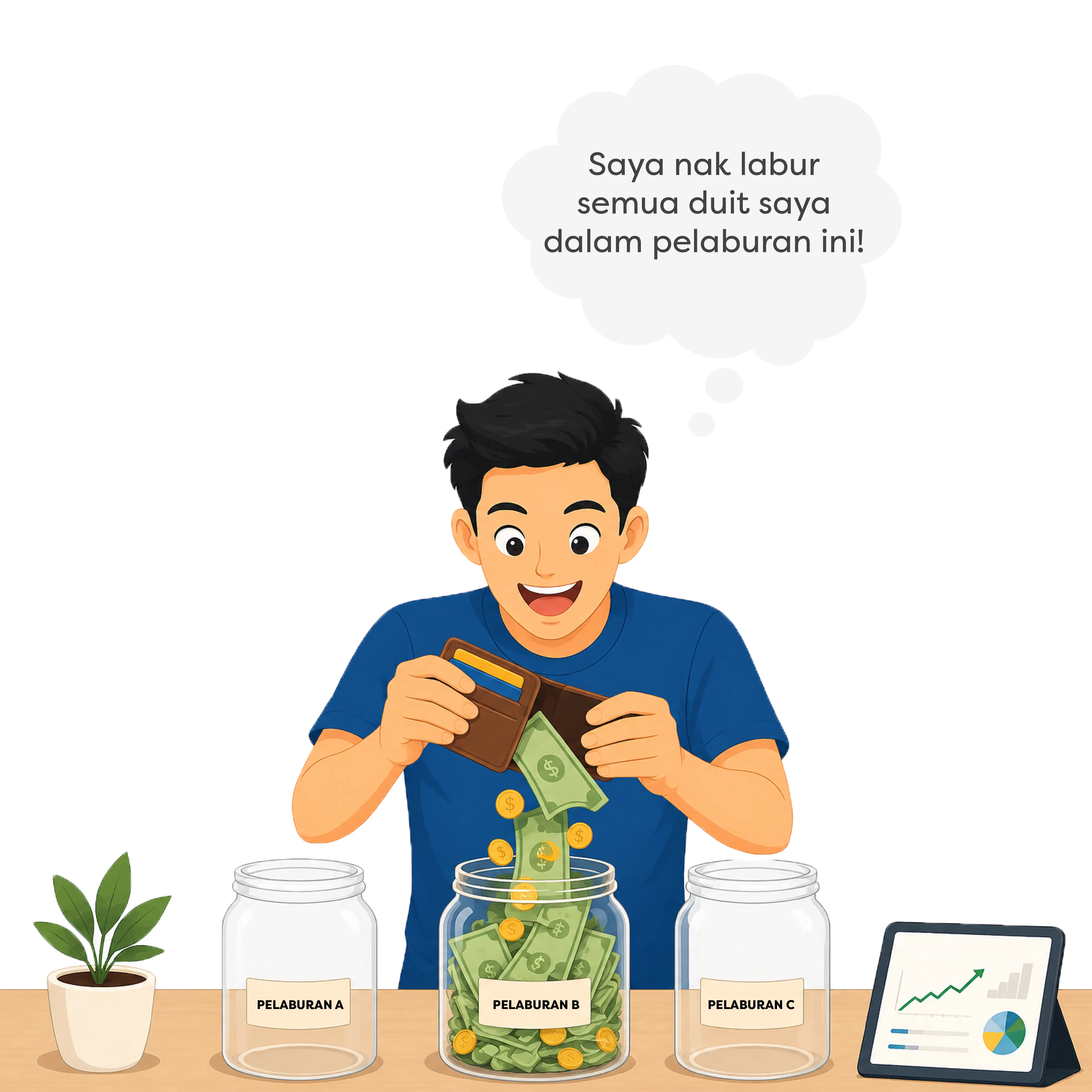 Lelaki memasukkan semua wangnya ke dalam satu balang pelaburan daripada tiga