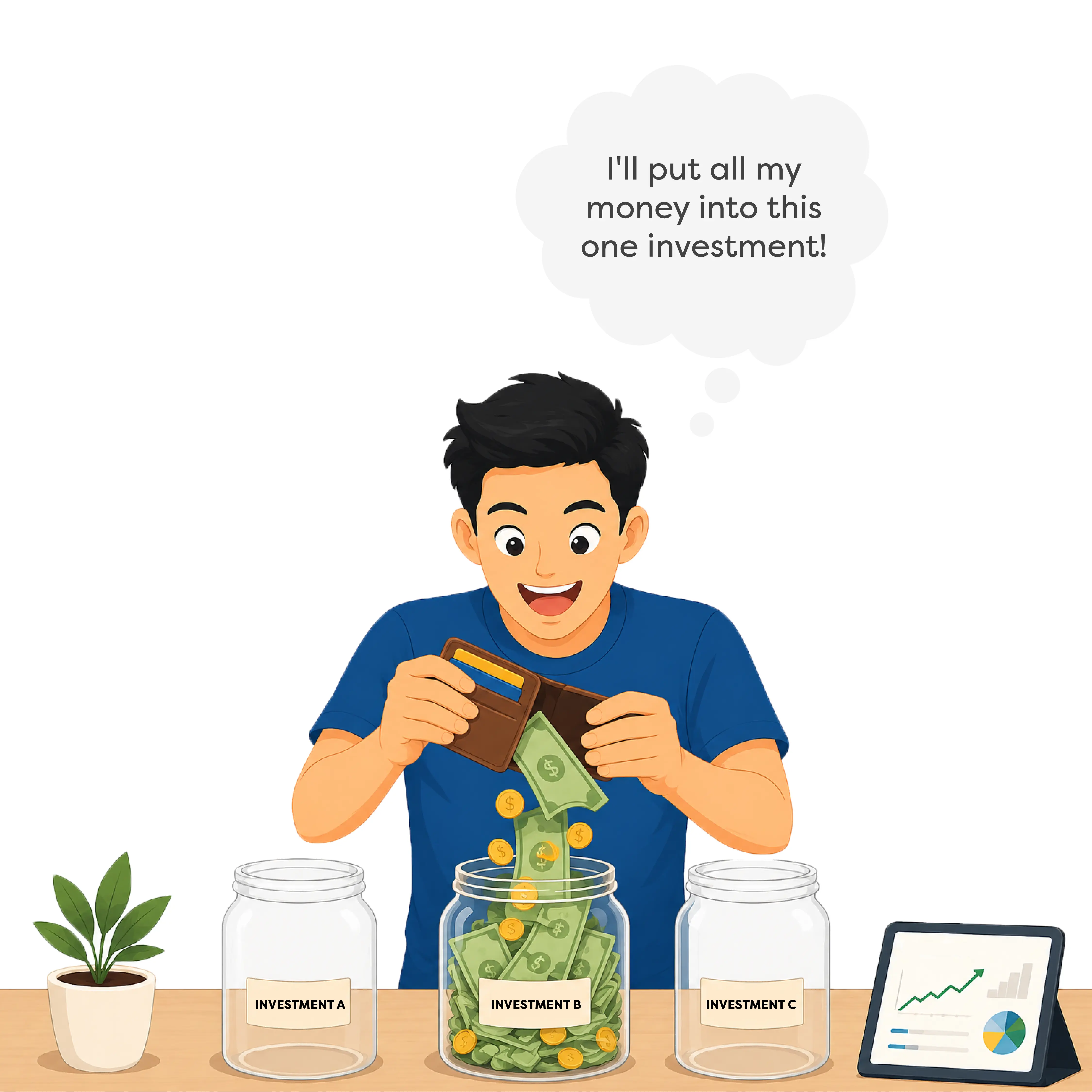 A man putting all his money into one investment jar out of three