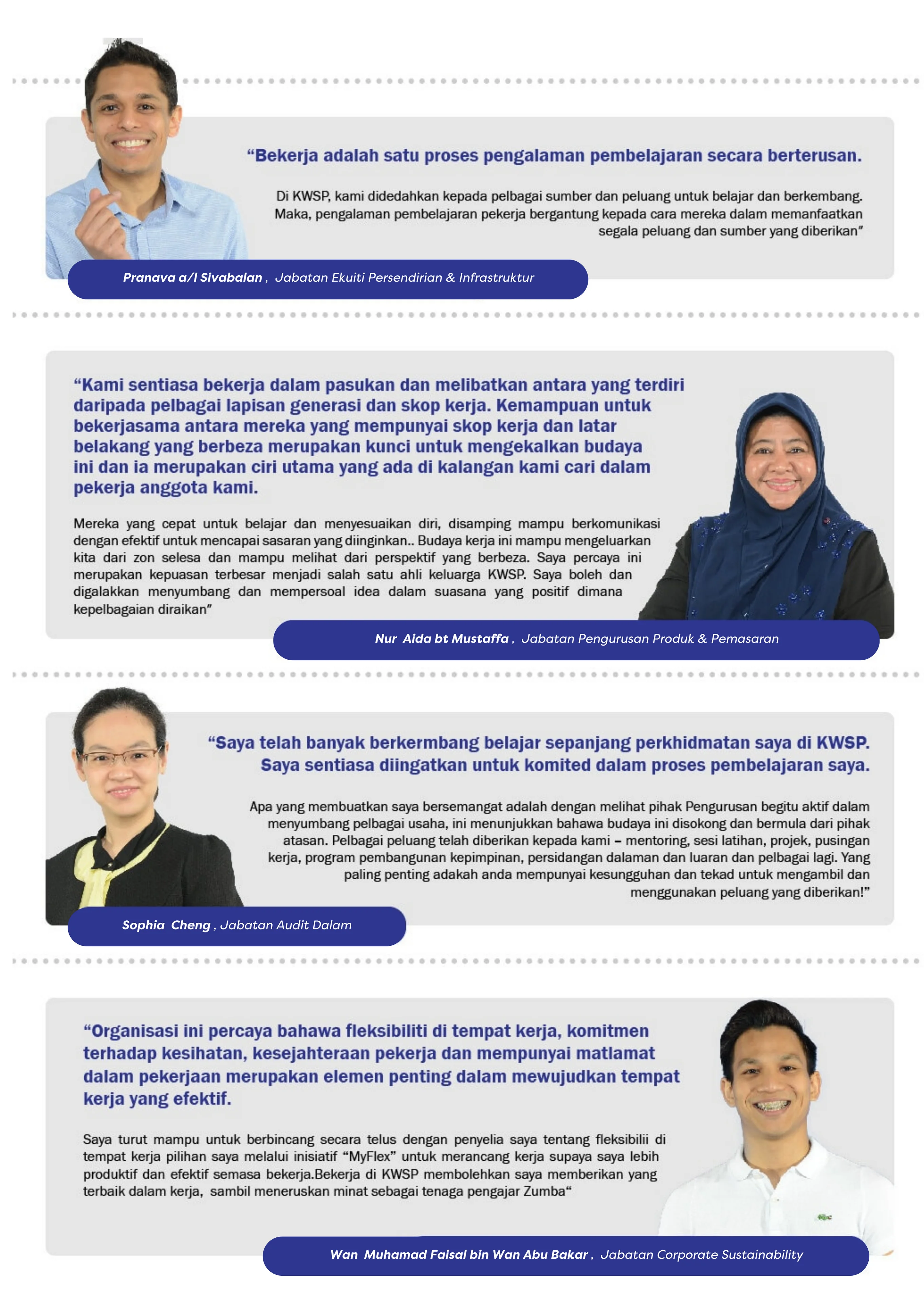 Testimoni pekerja KWSP mengenai budaya kerja, pembelajaran, kerjasama dan fleksibiliti