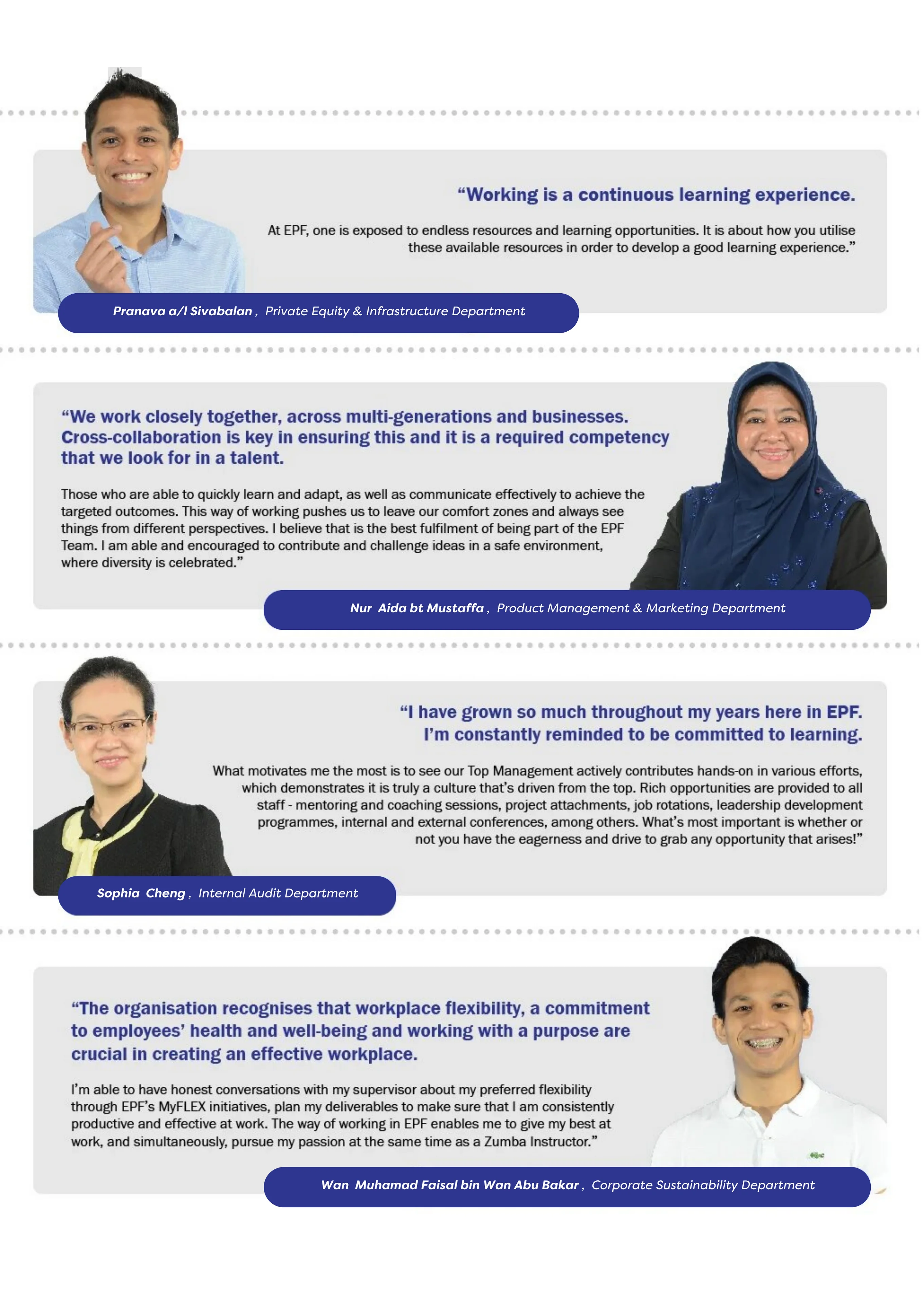 EPF employee testimonials on workplace culture, learning, collaboration and flexibility