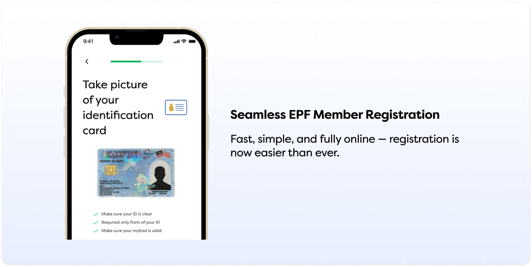 Smartphone shows ID card photo instructions for online EPF registration using e-KYC.