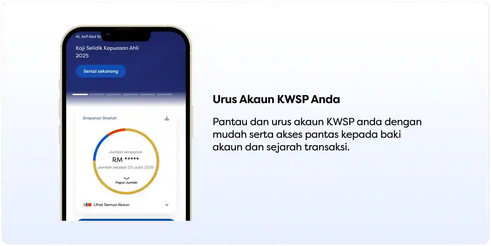 Telefon pintar memaparkan aplikasi KWSP dengan carta simpanan dan sejarah transaksi.