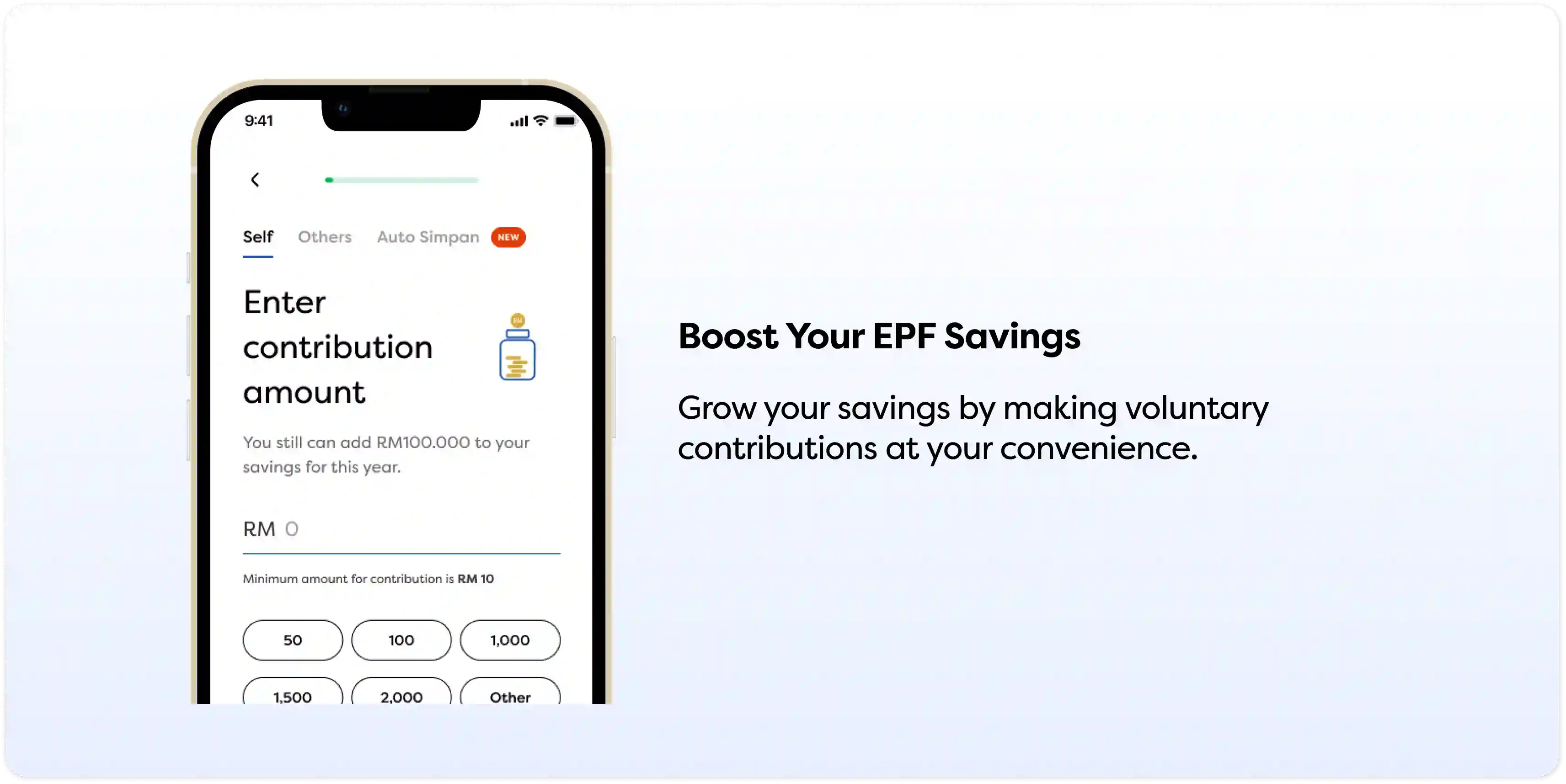 Mobile screen shows EPF contribution options and message to grow savings.