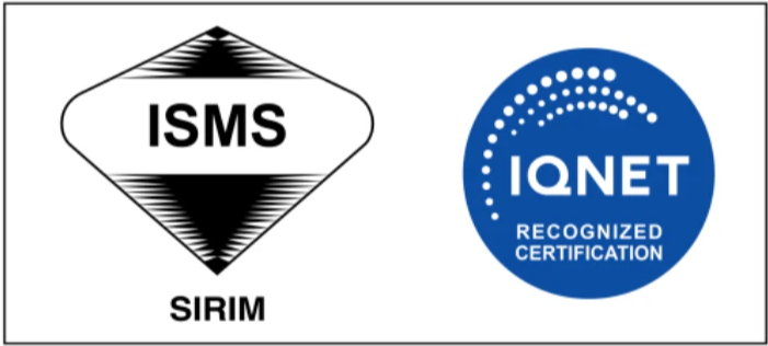 Logo pensijilan SIRIM ISMS dan IQNET Recognized Certification untuk ISO 27001