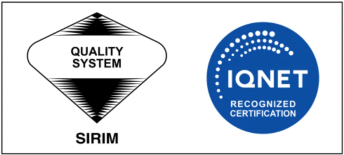 Logo pensijilan SIRIM Quality System dan IQNET Recognized Certification untuk ISO 9001