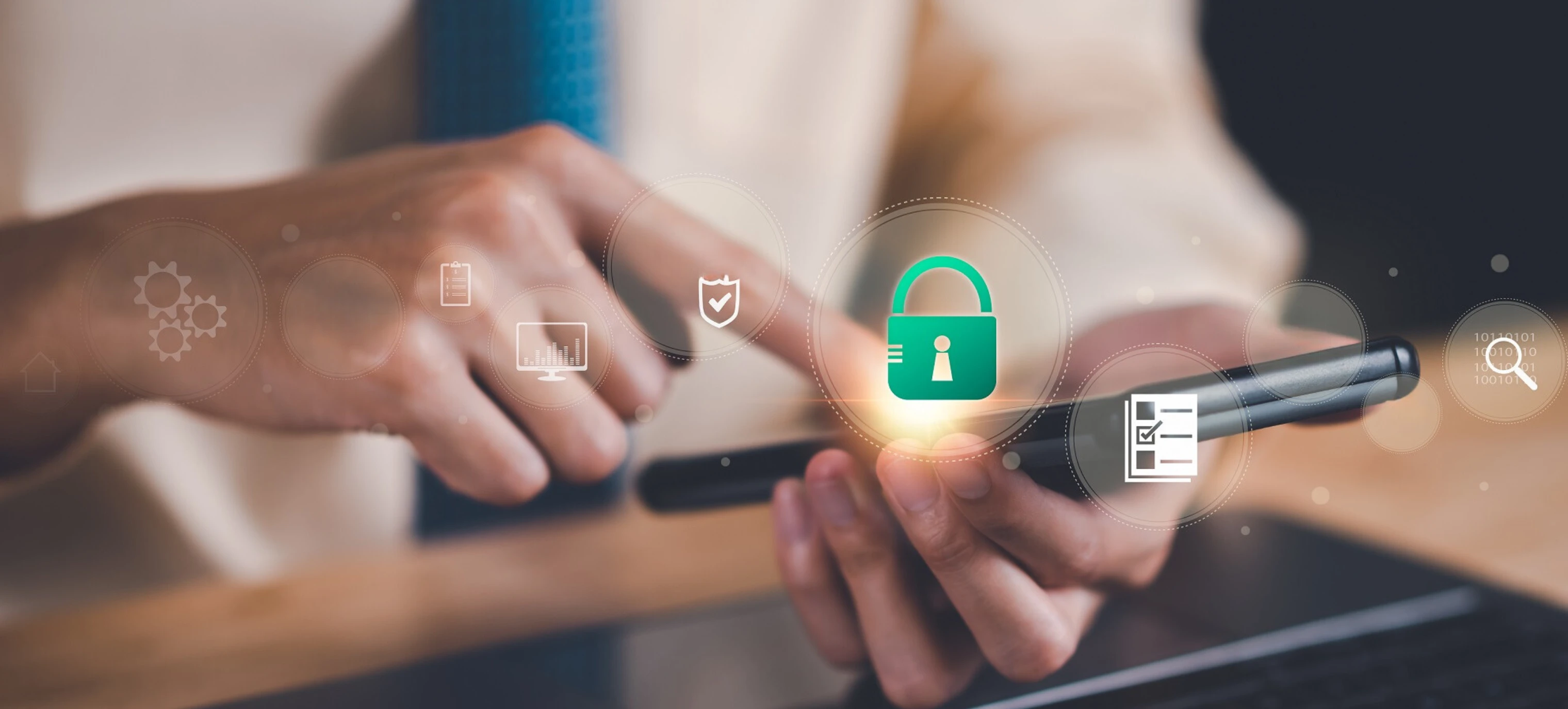 Person using smartphone with digital security lock icons, representing EPF's secure online member portal and data protection.