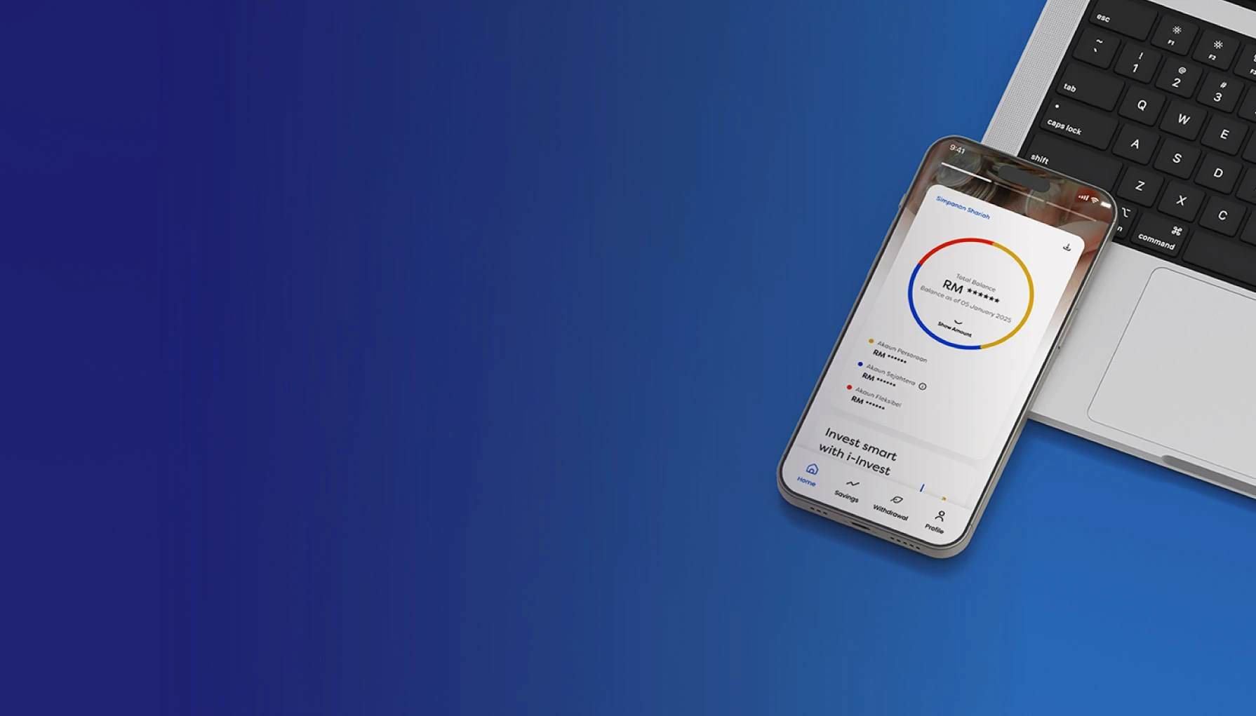 Smartphone showing financial app on laptop keyboard against blue background.