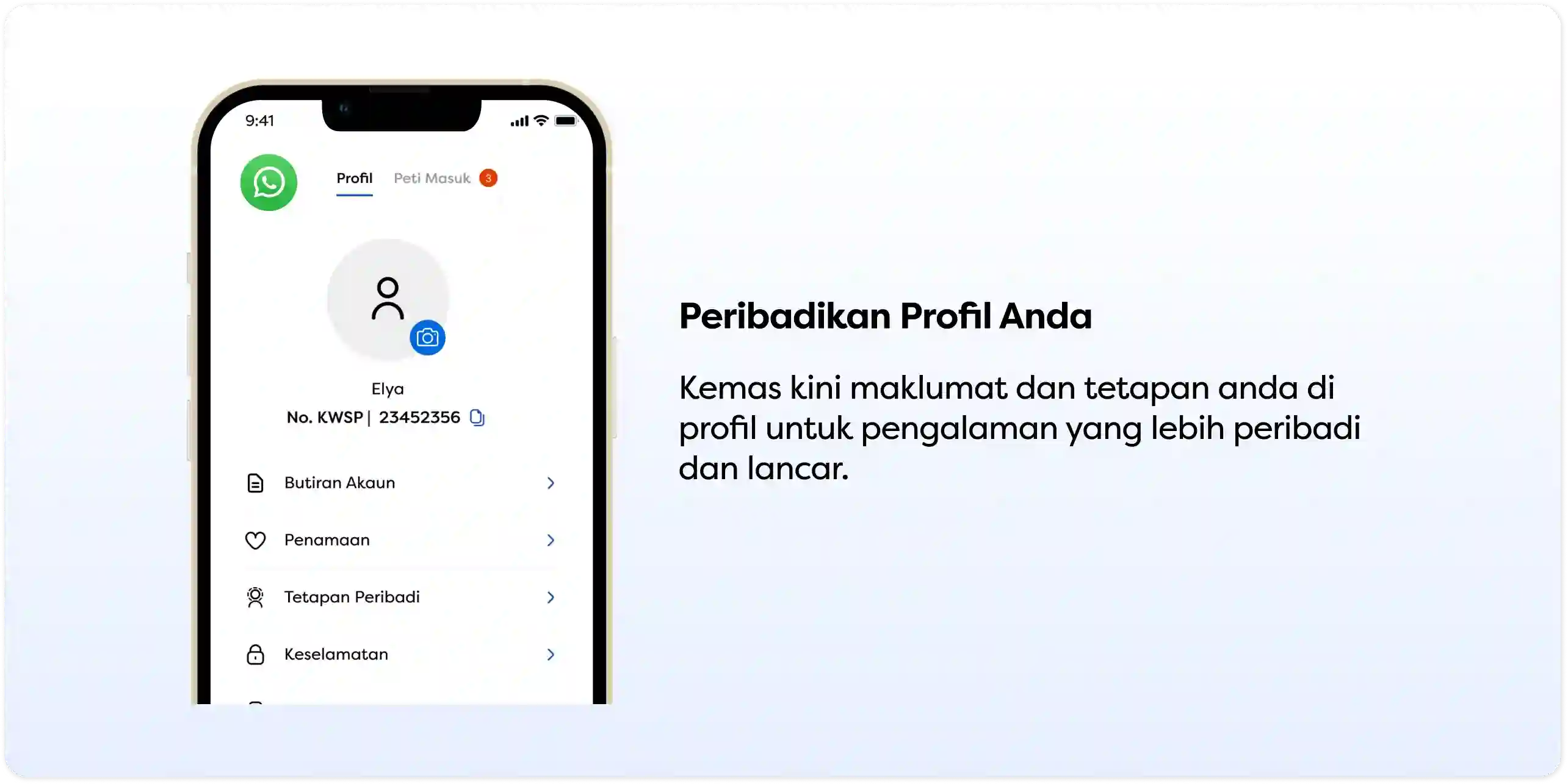 Skrin tetapan profil mudah alih dengan pilihan akaun, keselamatan dan penyesuaian.