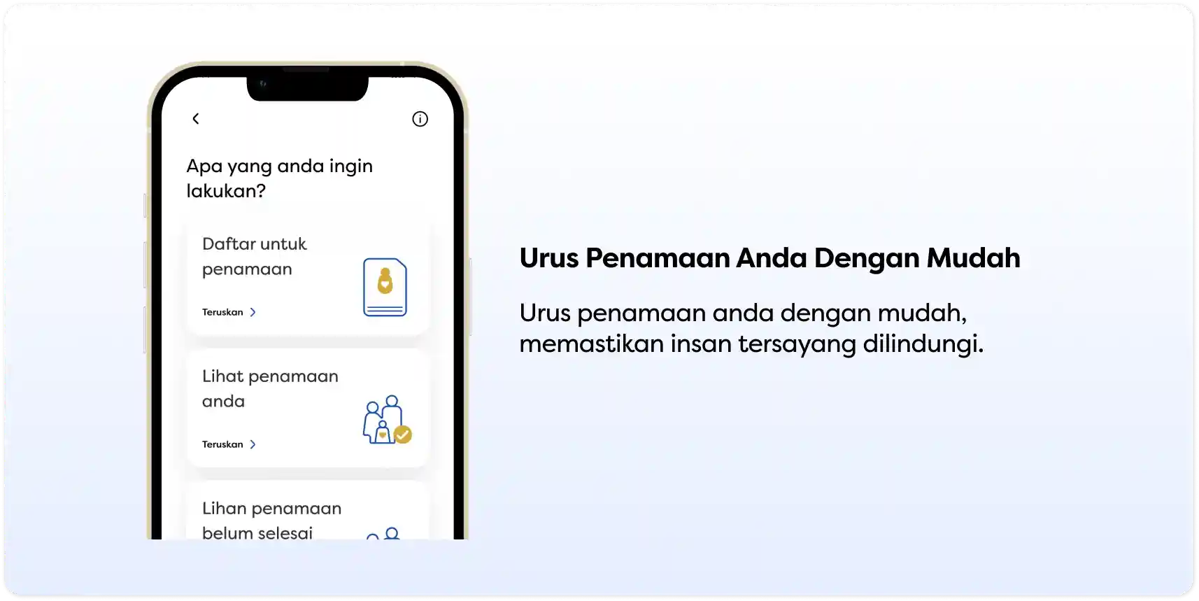 Telefon pintar menunjukkan pilihan daftar, lihat dan urus penamaan dengan mudah.
