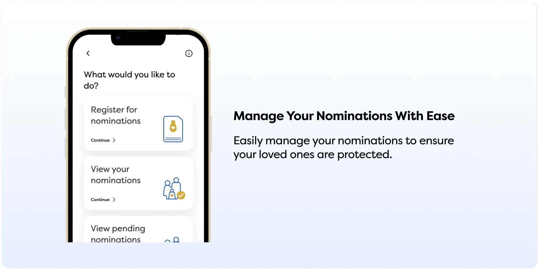 Smartphone shows options to register, view, and manage nominations easily.