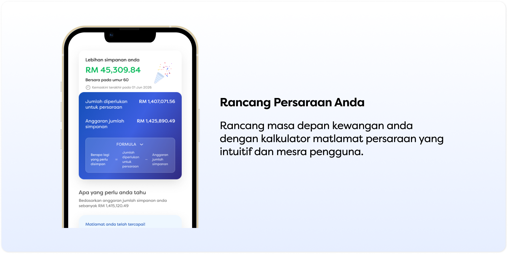 Skrin mudah alih menunjukkan kalkulator matlamat persaraan dengan unjuran kewangan.