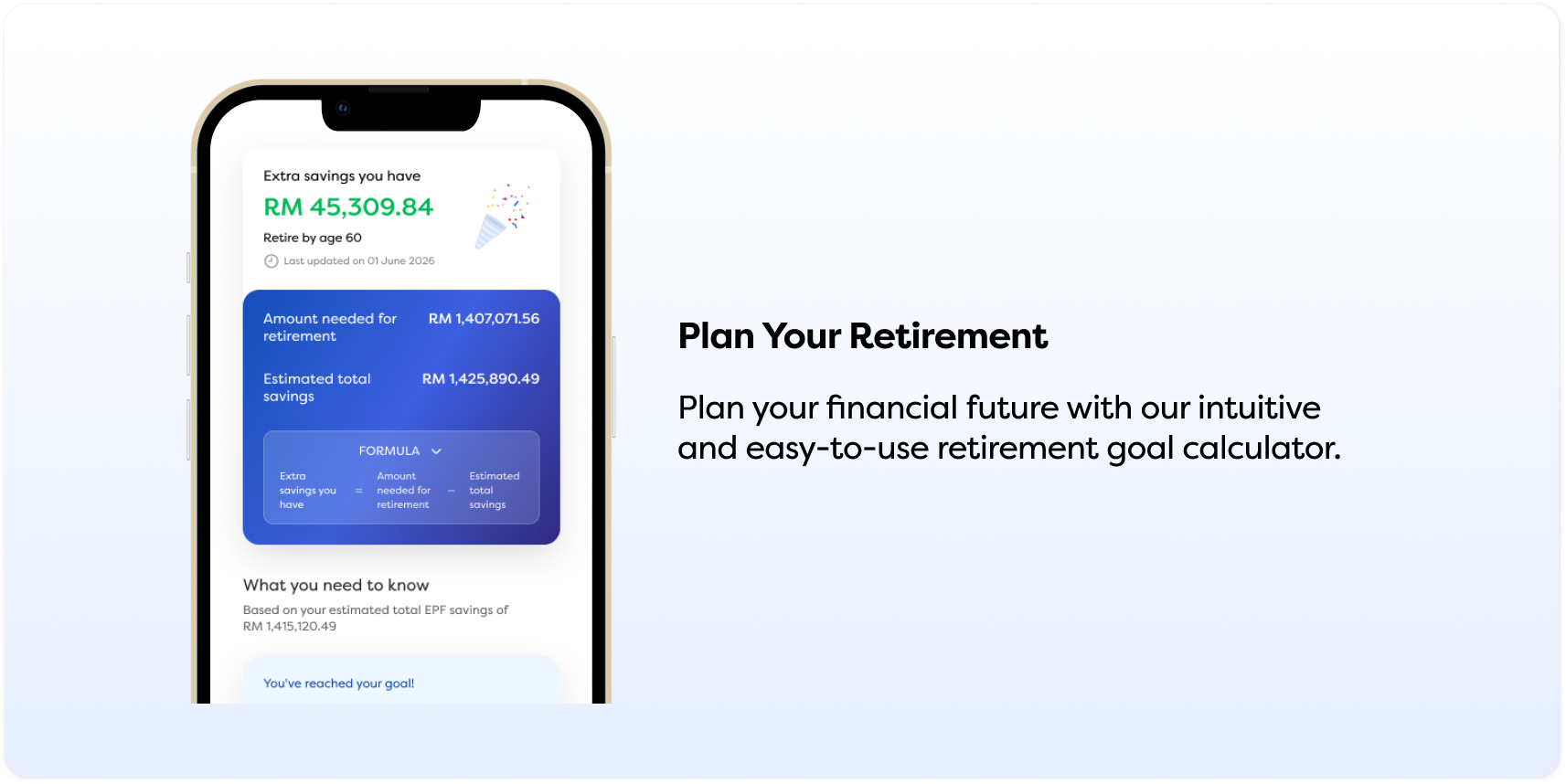 Mobile screen shows retirement goal calculator with financial projections.