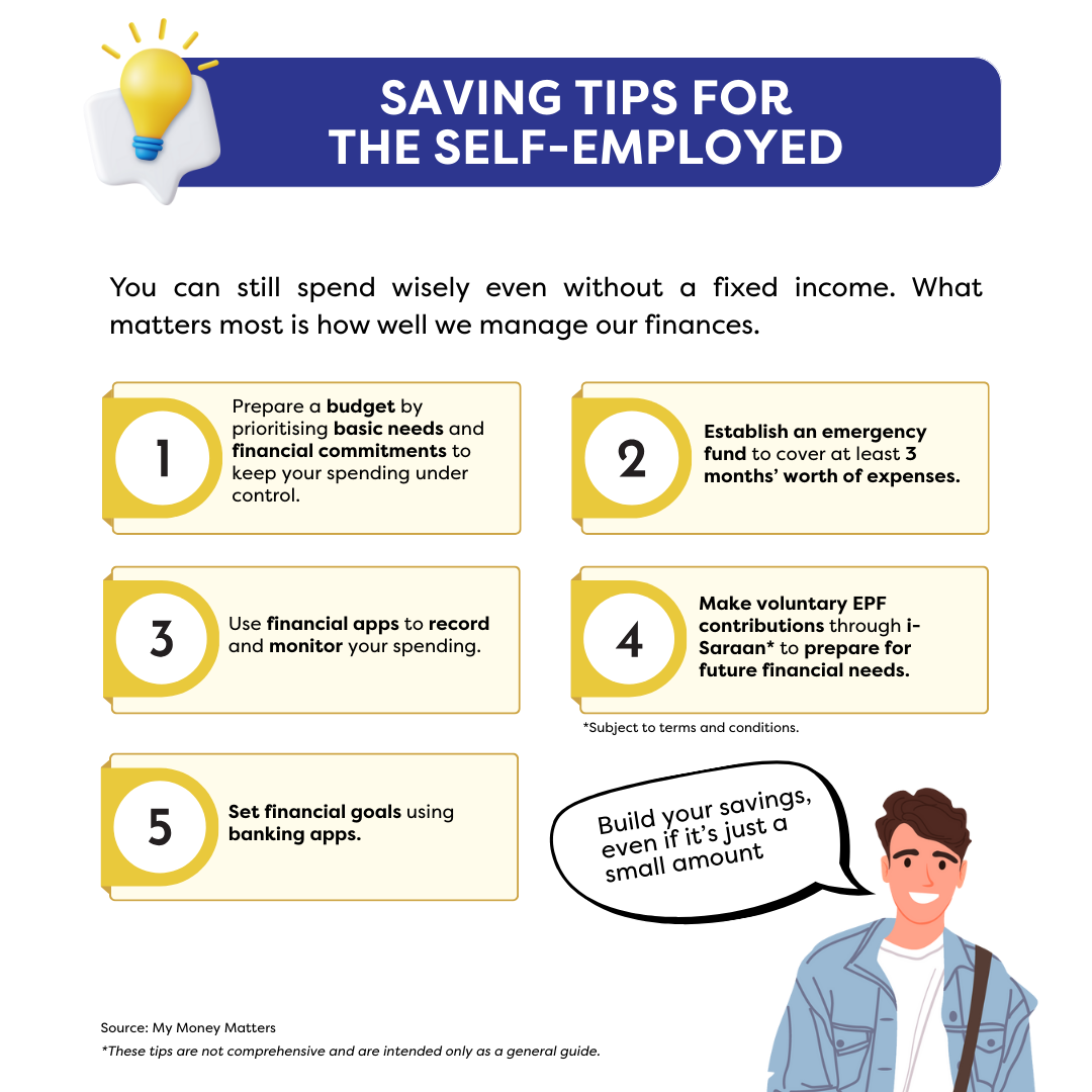 Infographic “Saving Tips for the Self-Employed”: budgeting, emergency funds, finance apps, EPF, and savings goals.
